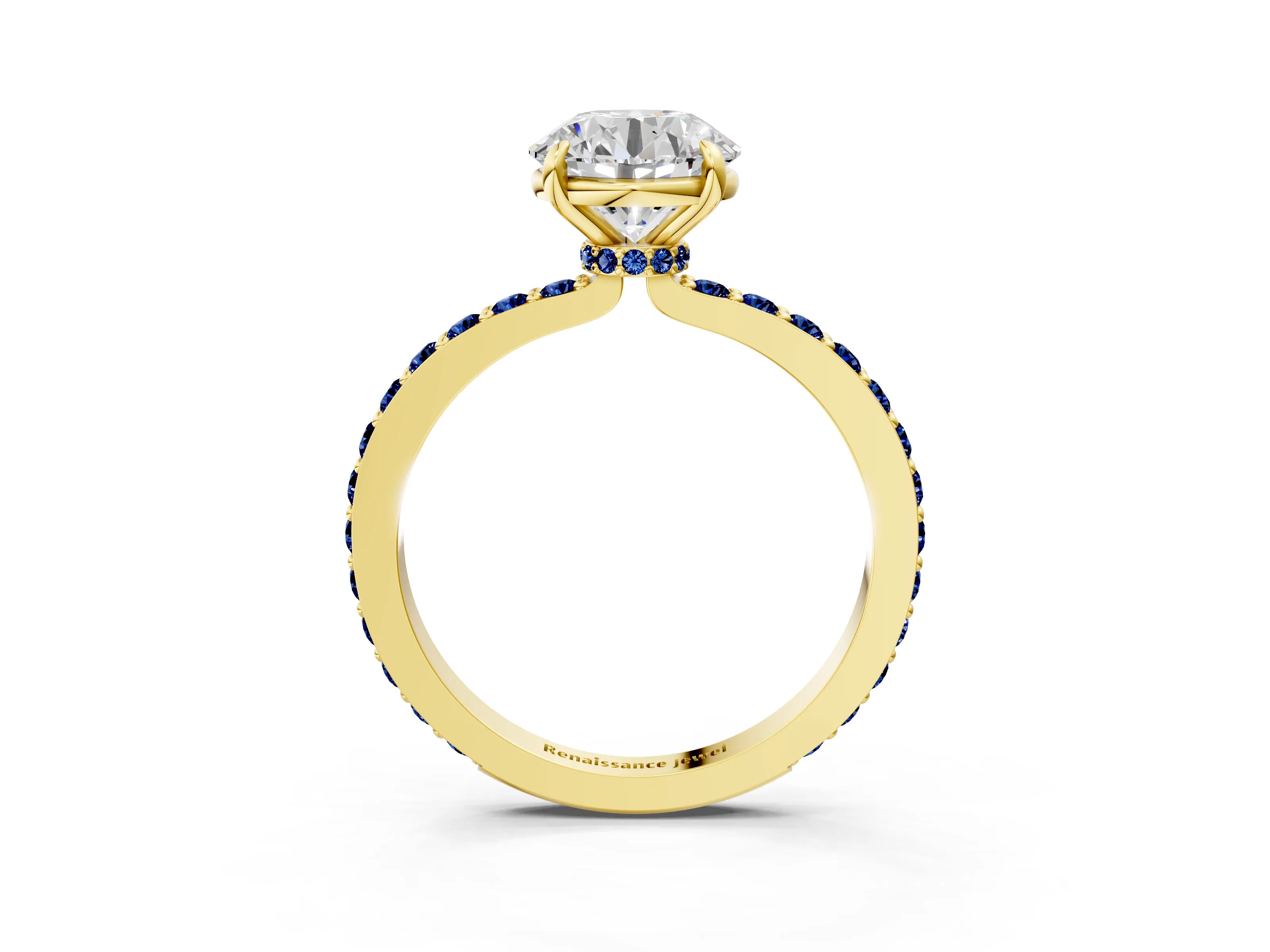 Yellow gold Round Cut Diamond Pavé Engagement Ring with Round with Blue Sapphire side stone Accents and Prong Setting_3