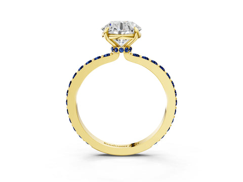Yellow gold Round Cut Diamond Pavé Engagement Ring with Round with Blue Sapphire side stone Accents and Prong Setting_3