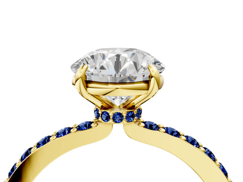 Yellow gold Round Cut Diamond Pavé Engagement Ring with Round with Blue Sapphire side stone Accents and Prong Setting_4