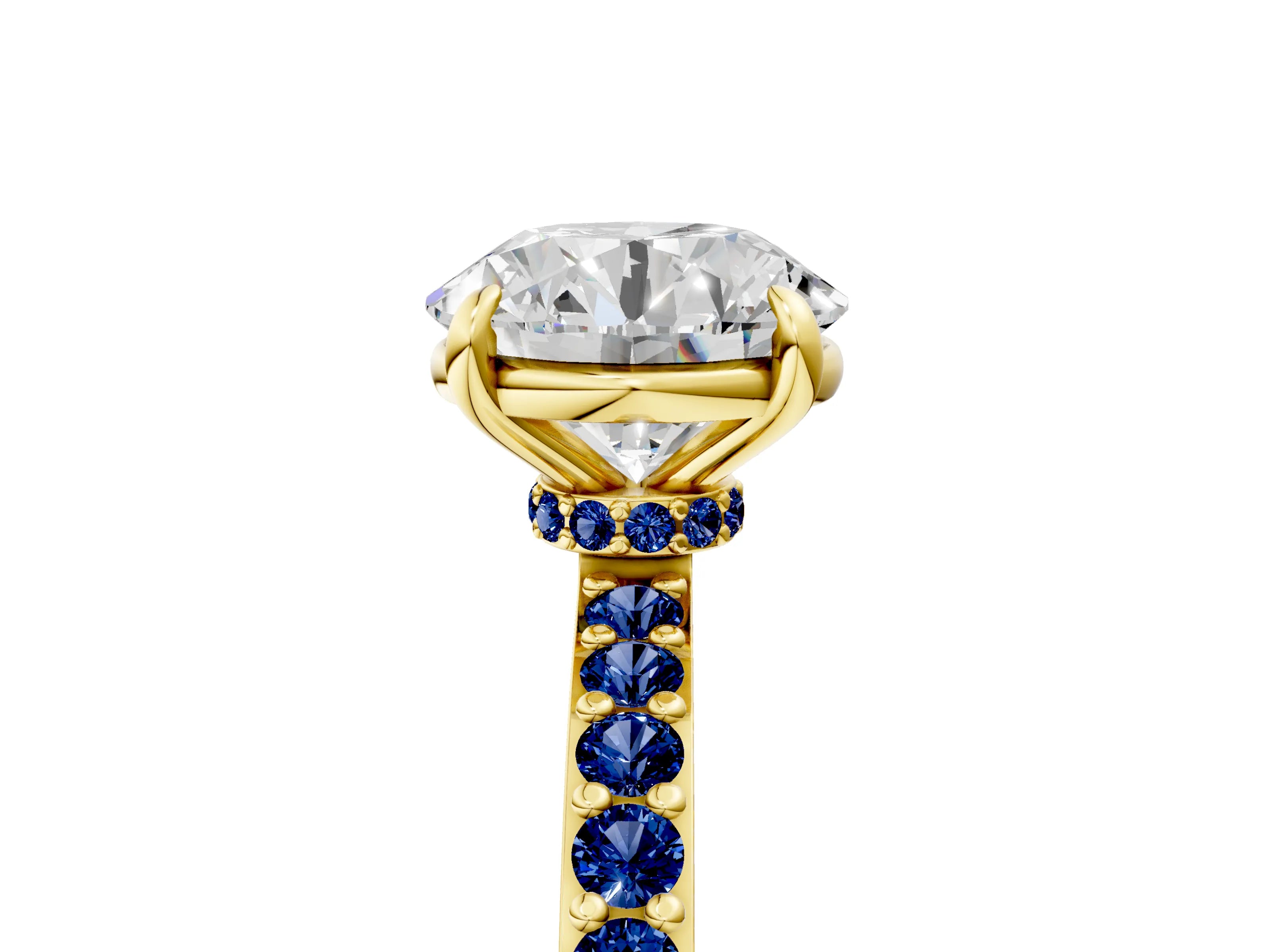 Yellow gold Round Cut Diamond Pavé Engagement Ring with Round with Blue Sapphire side stone Accents and Prong Setting_5
