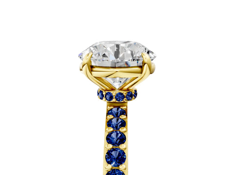 Yellow gold Round Cut Diamond Pavé Engagement Ring with Round with Blue Sapphire side stone Accents and Prong Setting_5