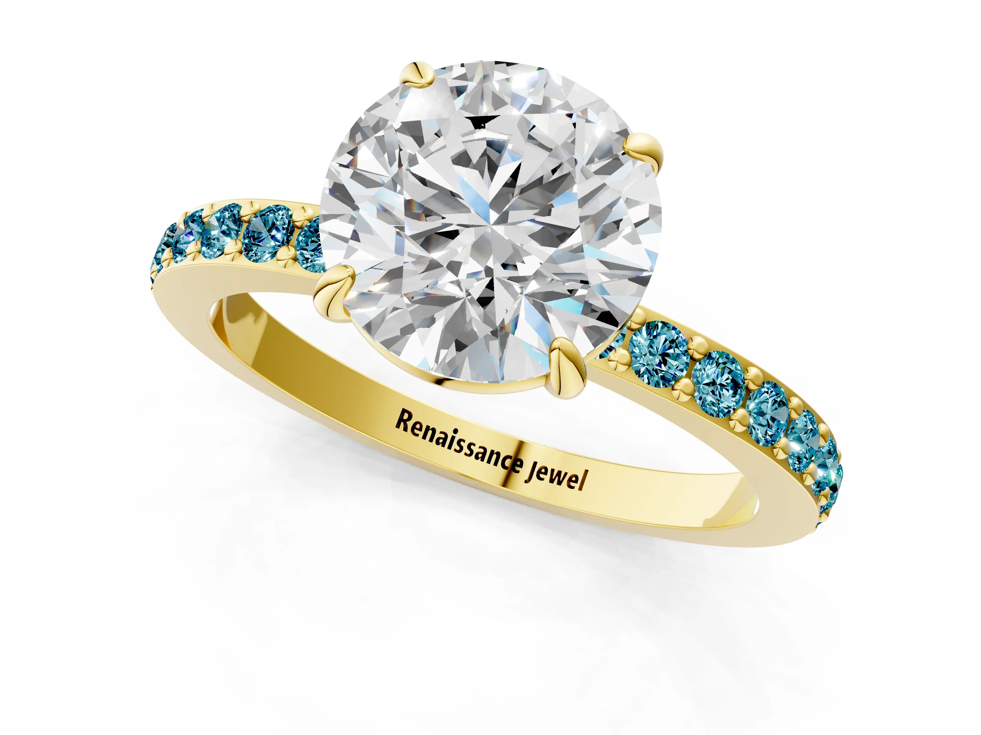 Yellow gold Round Cut Diamond Pavé Engagement Ring with Round with Blue Topaz side stone Accents and Prong Setting_1