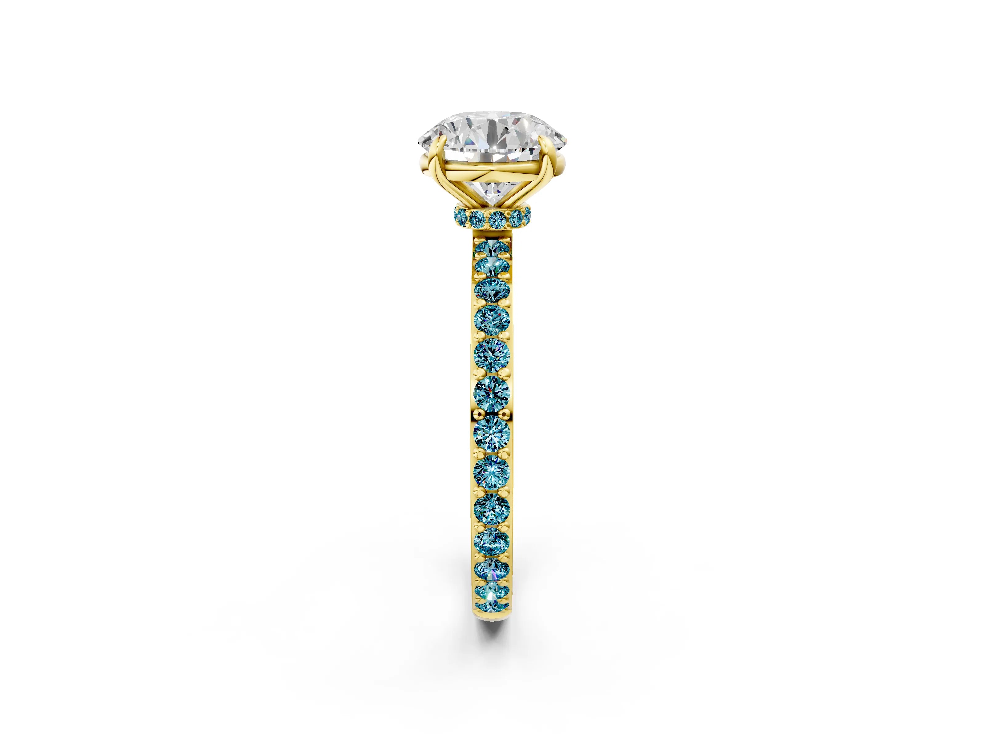 Yellow gold Round Cut Diamond Pavé Engagement Ring with Round with Blue Topaz side stone Accents and Prong Setting_2