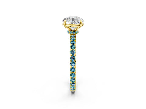 Yellow gold Round Cut Diamond Pavé Engagement Ring with Round with Blue Topaz side stone Accents and Prong Setting_2