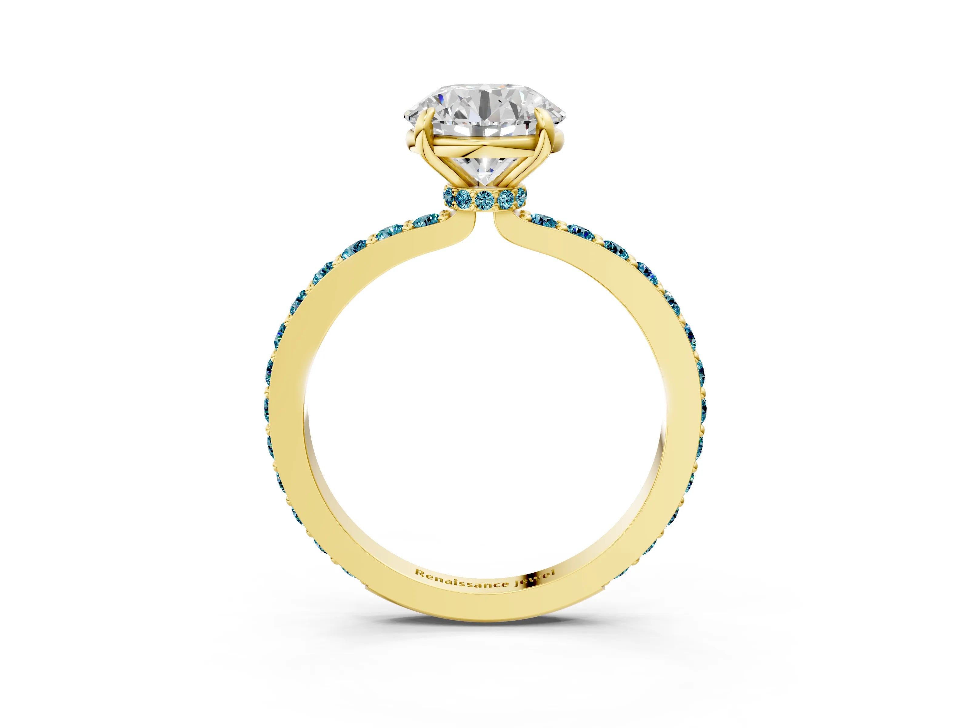 Yellow gold Round Cut Diamond Pavé Engagement Ring with Round with Blue Topaz side stone Accents and Prong Setting_3