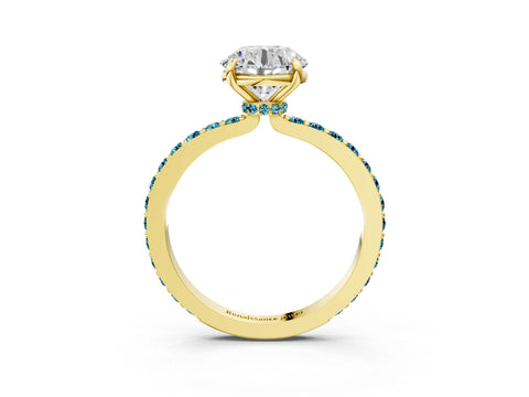 Yellow gold Round Cut Diamond Pavé Engagement Ring with Round with Blue Topaz side stone Accents and Prong Setting_3