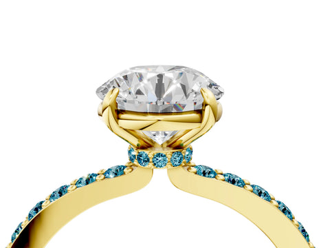 Yellow gold Round Cut Diamond Pavé Engagement Ring with Round with Blue Topaz side stone Accents and Prong Setting_4