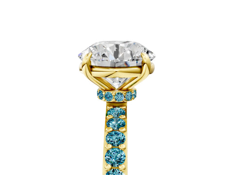 Yellow gold Round Cut Diamond Pavé Engagement Ring with Round with Blue Topaz side stone Accents and Prong Setting_5