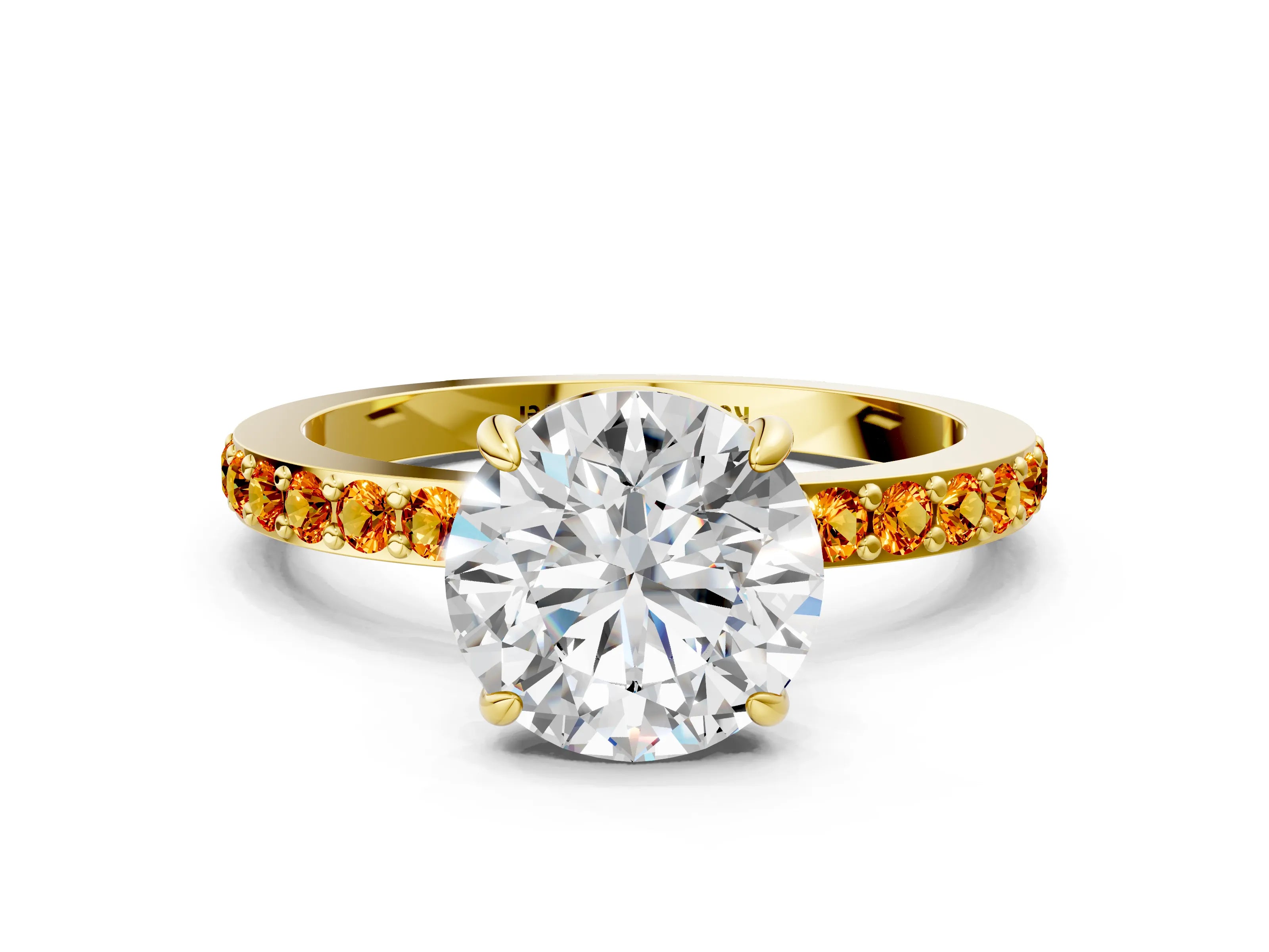 Yellow gold Round Cut Diamond Pavé Engagement Ring with Round with Citrine side stone Accents and Prong Setting