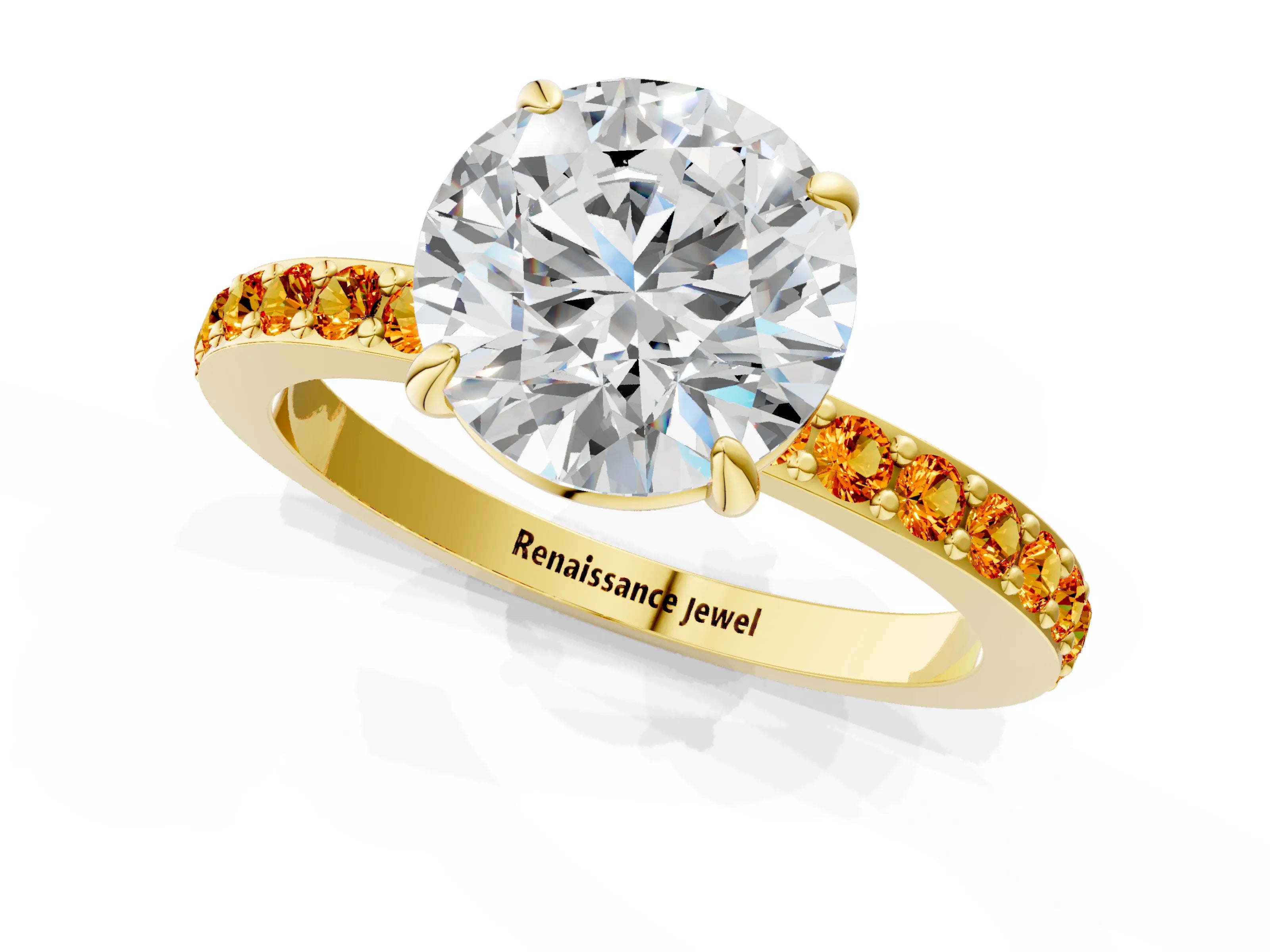 Yellow gold Round Cut Diamond Pavé Engagement Ring with Round with Citrine side stone Accents and Prong Setting_1
