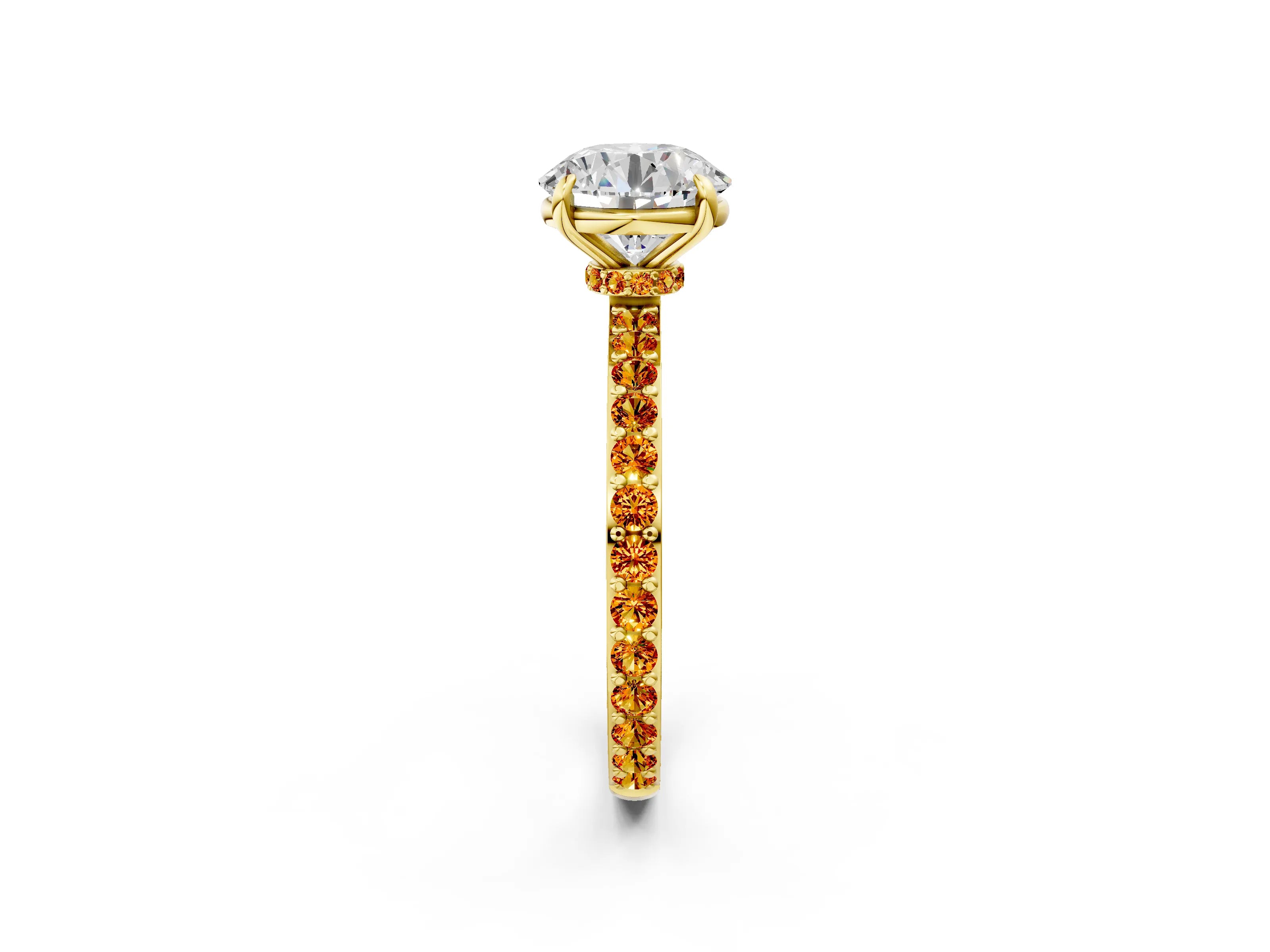 Yellow gold Round Cut Diamond Pavé Engagement Ring with Round with Citrine side stone Accents and Prong Setting_2