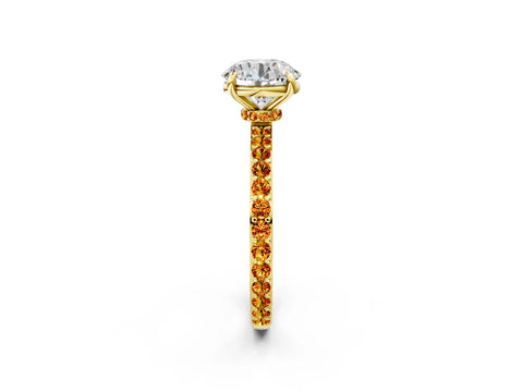 Yellow gold Round Cut Diamond Pavé Engagement Ring with Round with Citrine side stone Accents and Prong Setting_2