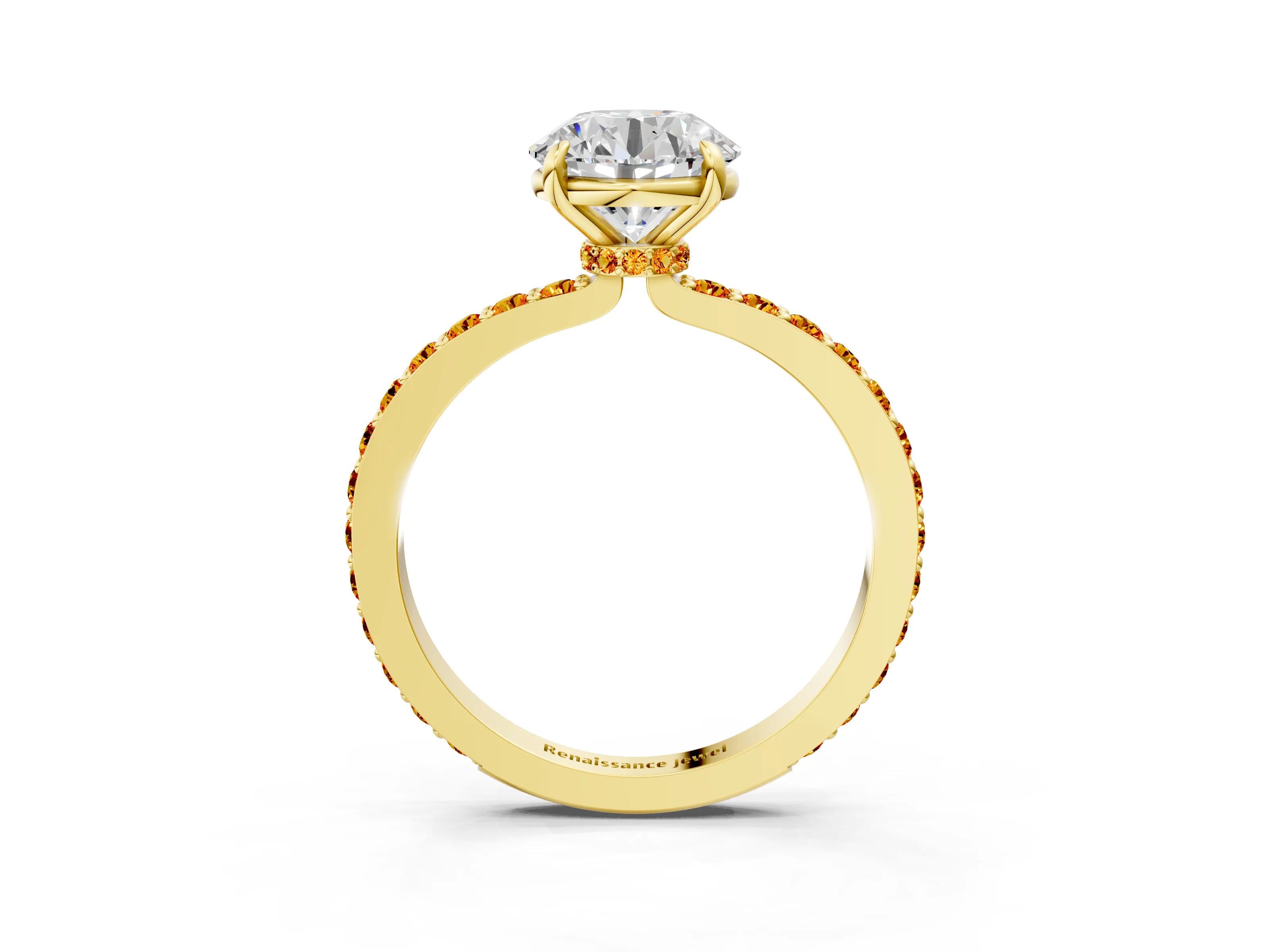Yellow gold Round Cut Diamond Pavé Engagement Ring with Round with Citrine side stone Accents and Prong Setting_3