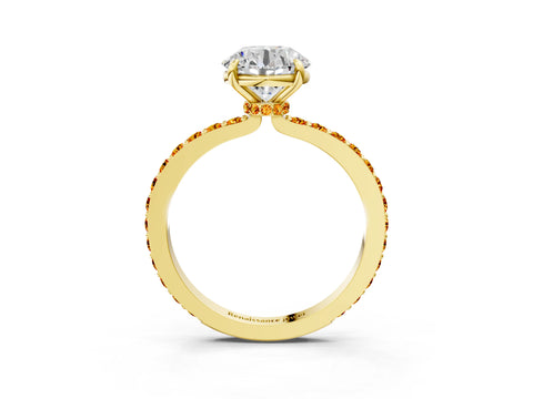 Yellow gold Round Cut Diamond Pavé Engagement Ring with Round with Citrine side stone Accents and Prong Setting_3
