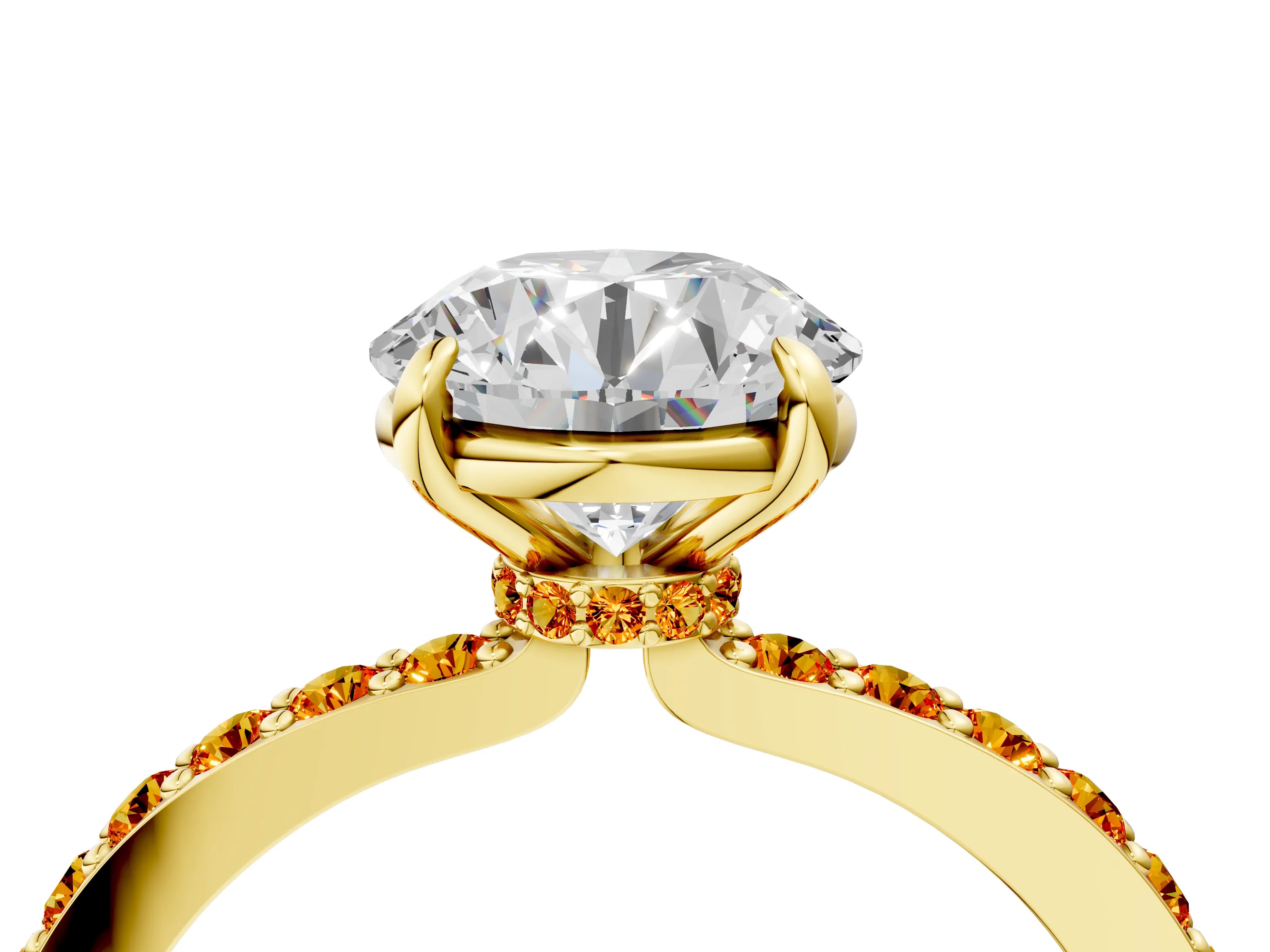 Yellow gold Round Cut Diamond Pavé Engagement Ring with Round with Citrine side stone Accents and Prong Setting_4