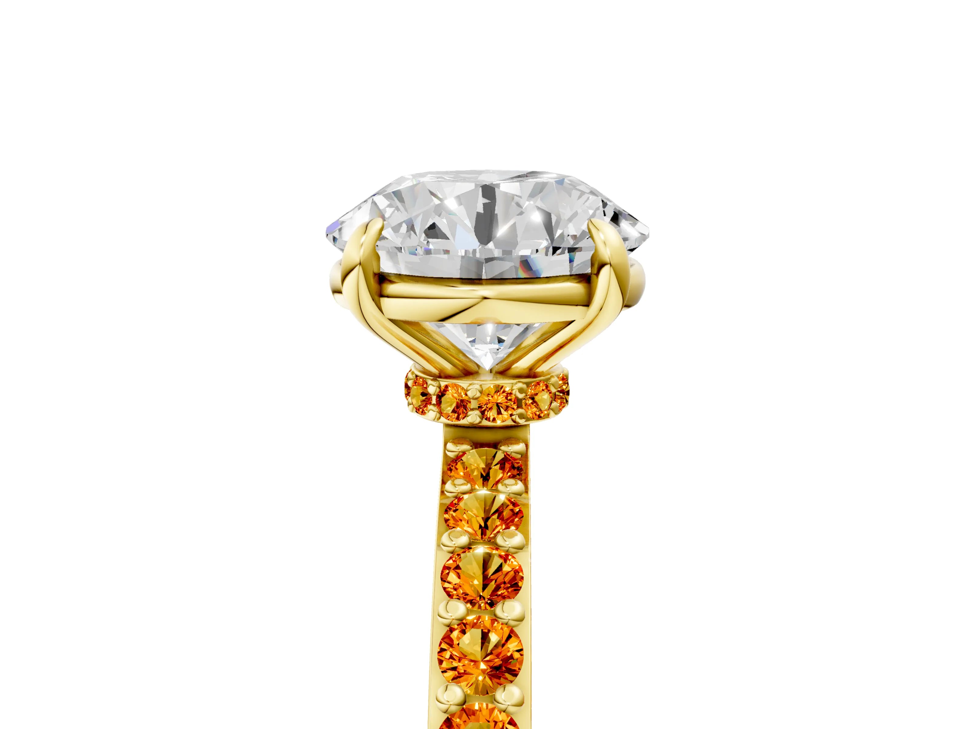 Yellow gold Round Cut Diamond Pavé Engagement Ring with Round with Citrine side stone Accents and Prong Setting_5