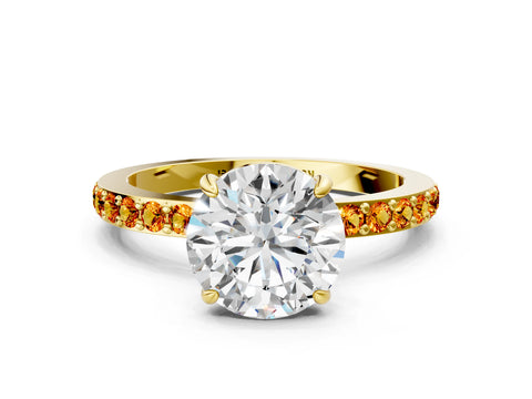 Yellow gold Round Cut Diamond Pavé Engagement Ring with Round with Citrine side stone Accents and Prong Setting