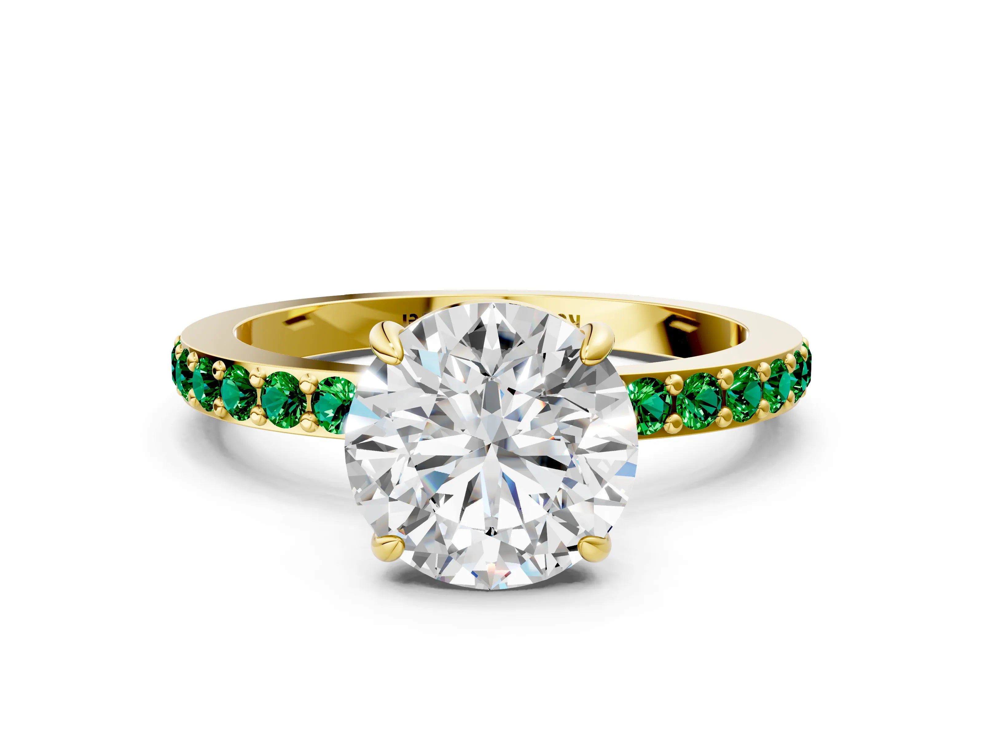 Yellow gold Round Cut Diamond Pavé Engagement Ring with Round with Emerald side stone Accents and Prong Setting