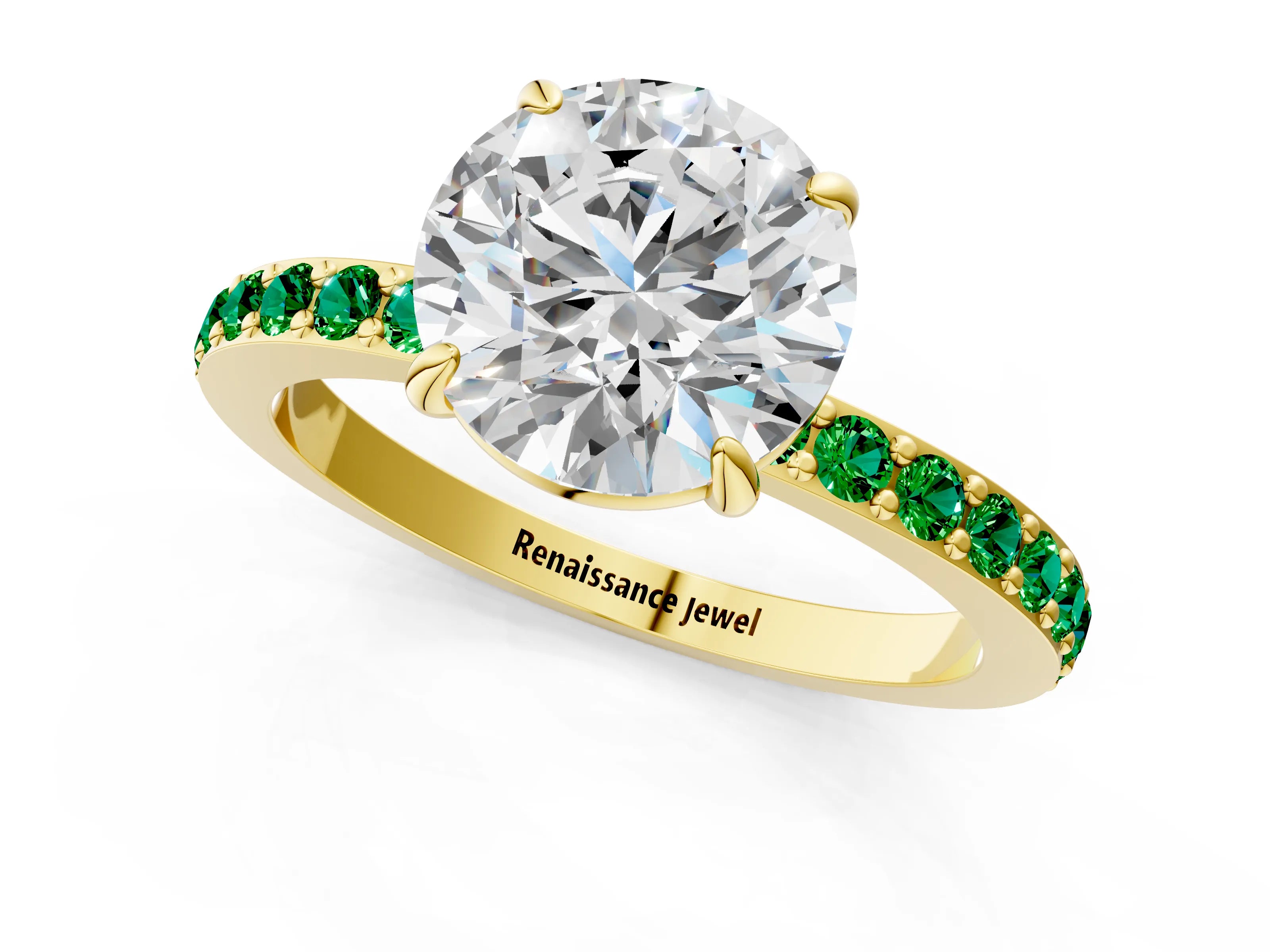 Yellow gold Round Cut Diamond Pavé Engagement Ring with Round with Emerald side stone Accents and Prong Setting_1