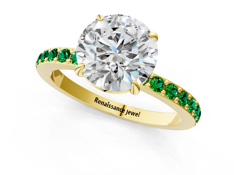 Yellow gold Round Cut Diamond Pavé Engagement Ring with Round with Emerald side stone Accents and Prong Setting_1