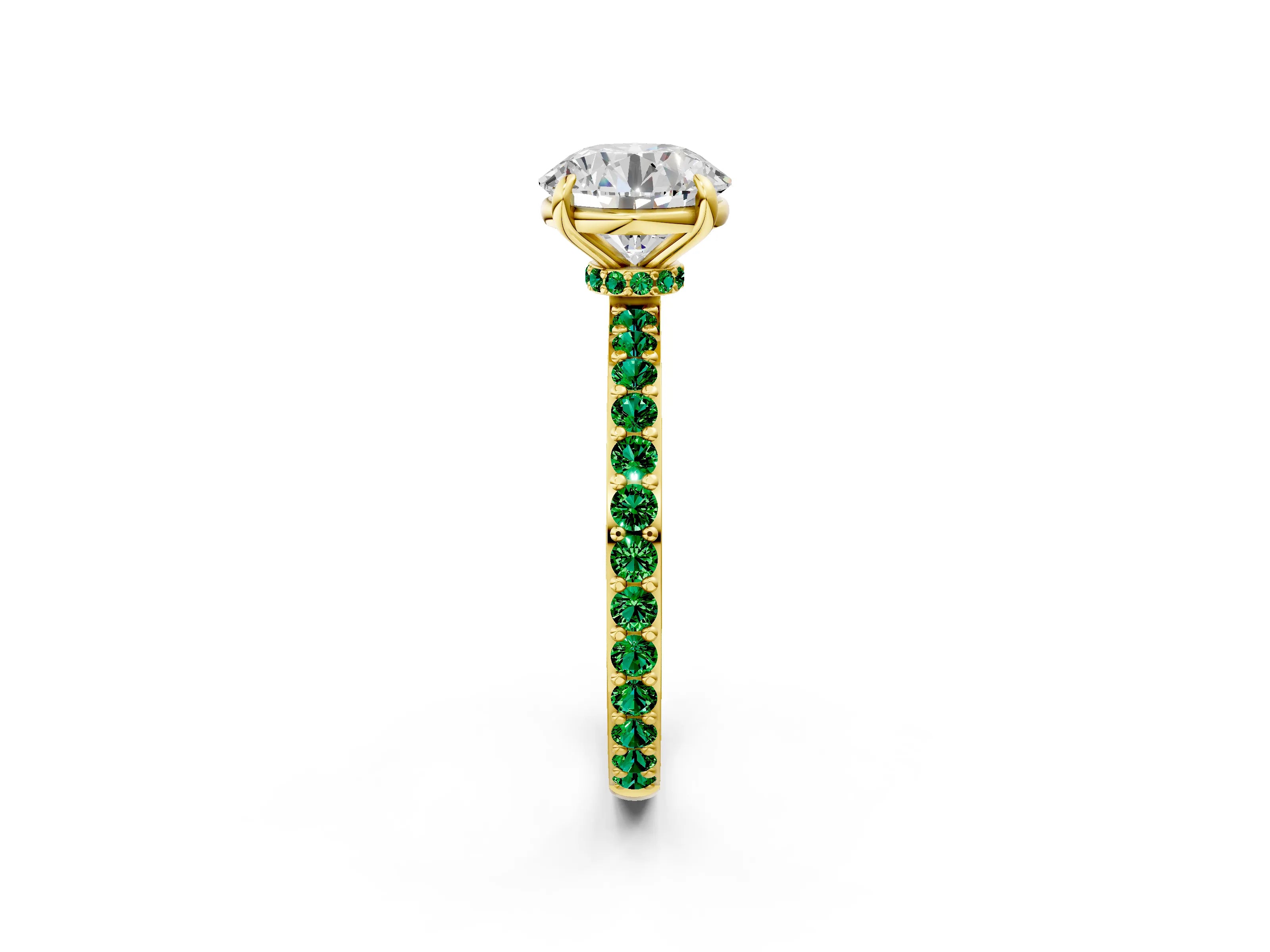 Yellow gold Round Cut Diamond Pavé Engagement Ring with Round with Emerald side stone Accents and Prong Setting_2