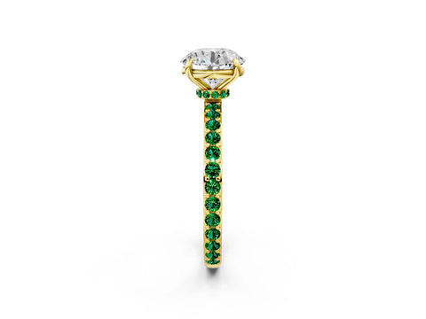 Yellow gold Round Cut Diamond Pavé Engagement Ring with Round with Emerald side stone Accents and Prong Setting_2