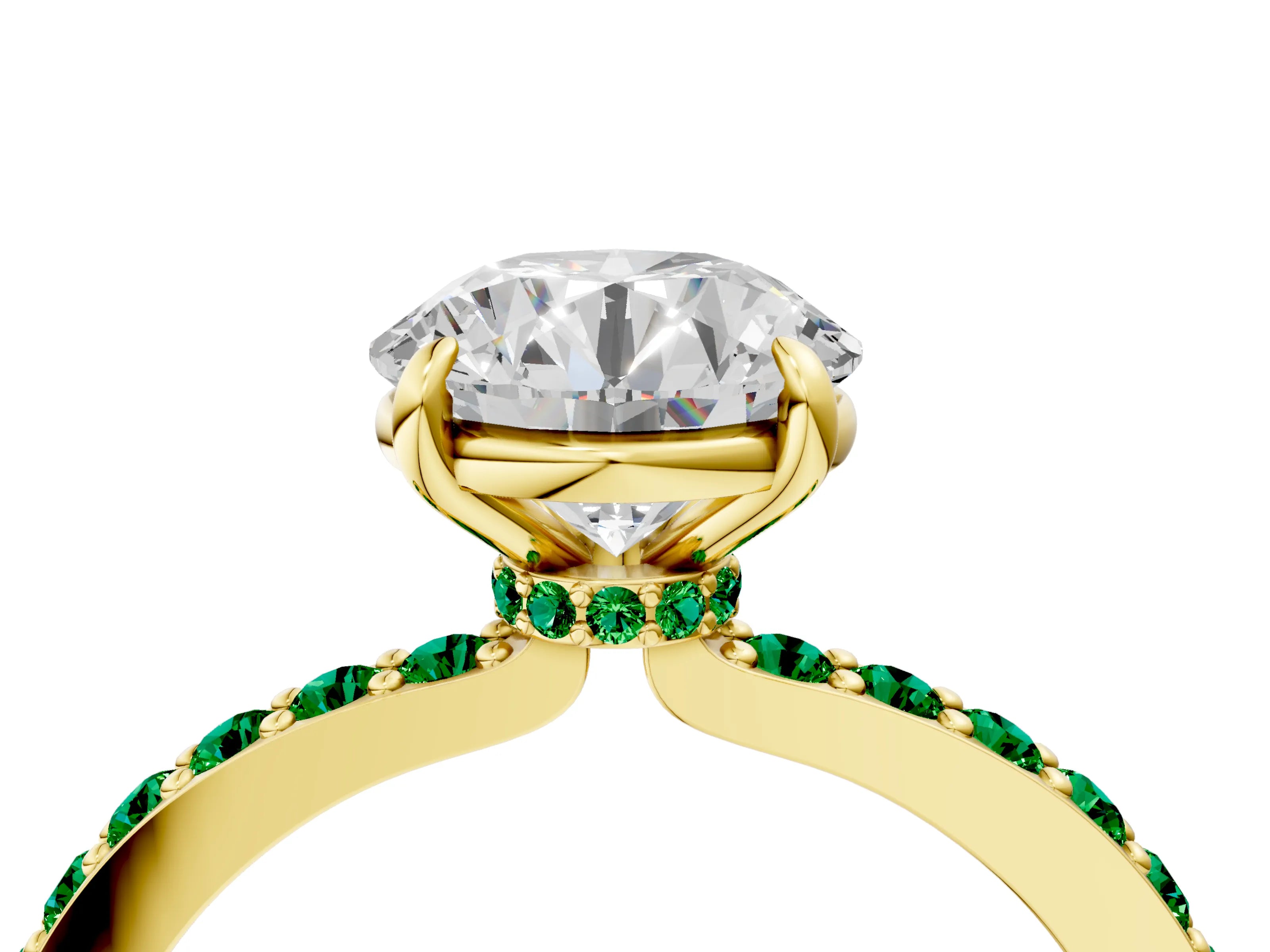 Yellow gold Round Cut Diamond Pavé Engagement Ring with Round with Emerald side stone Accents and Prong Setting_4
