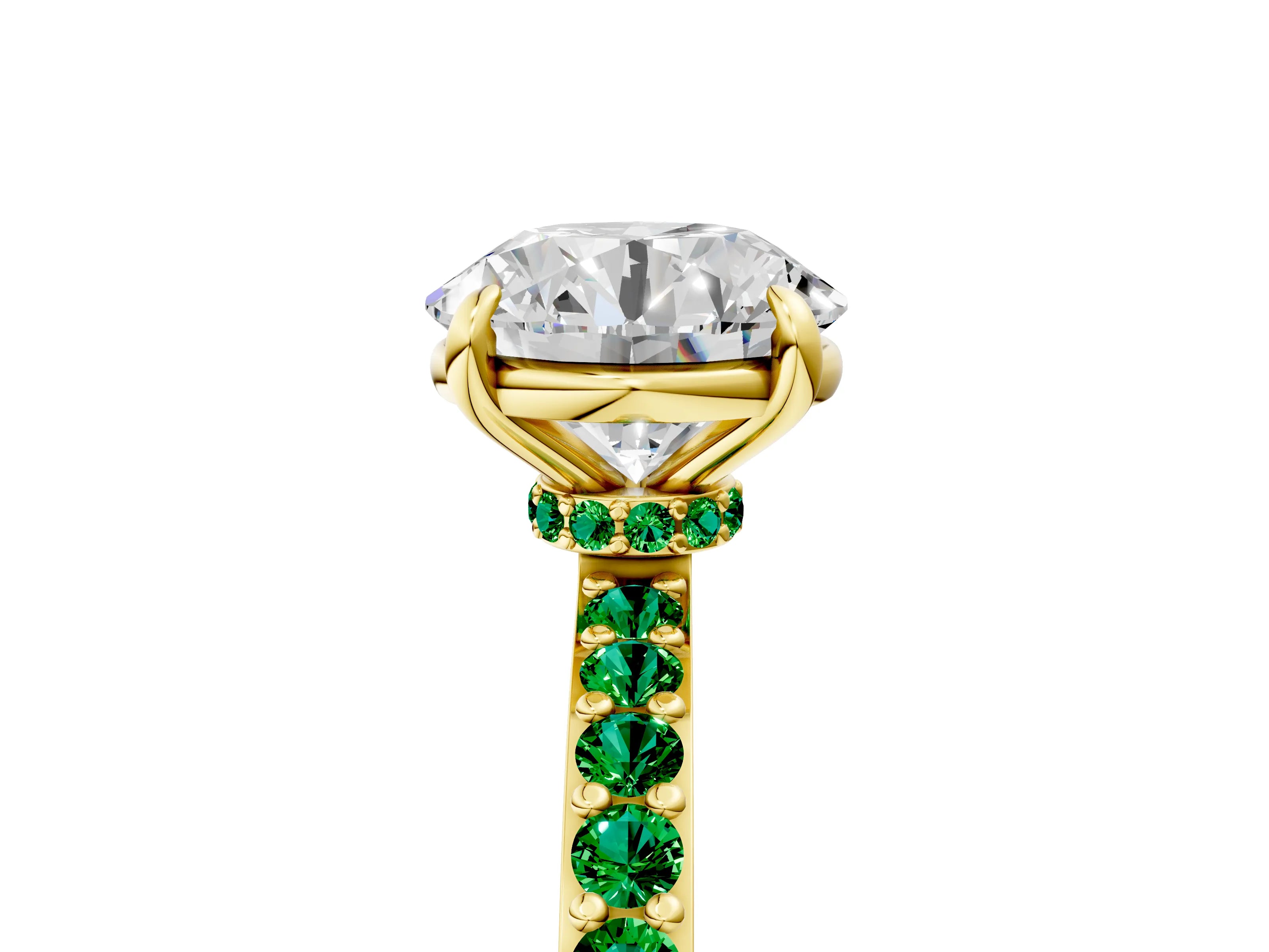 Yellow gold Round Cut Diamond Pavé Engagement Ring with Round with Emerald side stone Accents and Prong Setting_5