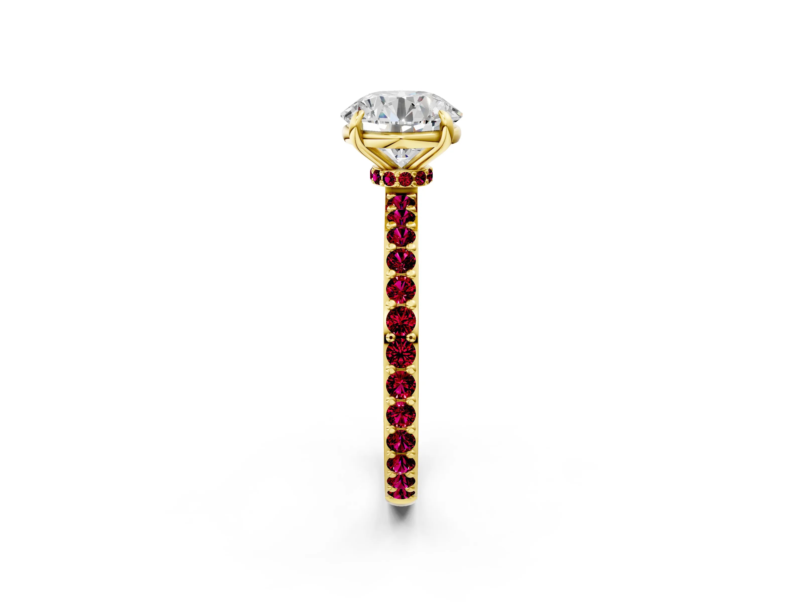 Yellow gold Round Cut Diamond Pavé Engagement Ring with Round with Garnet side stone Accents and Prong Setting_2
