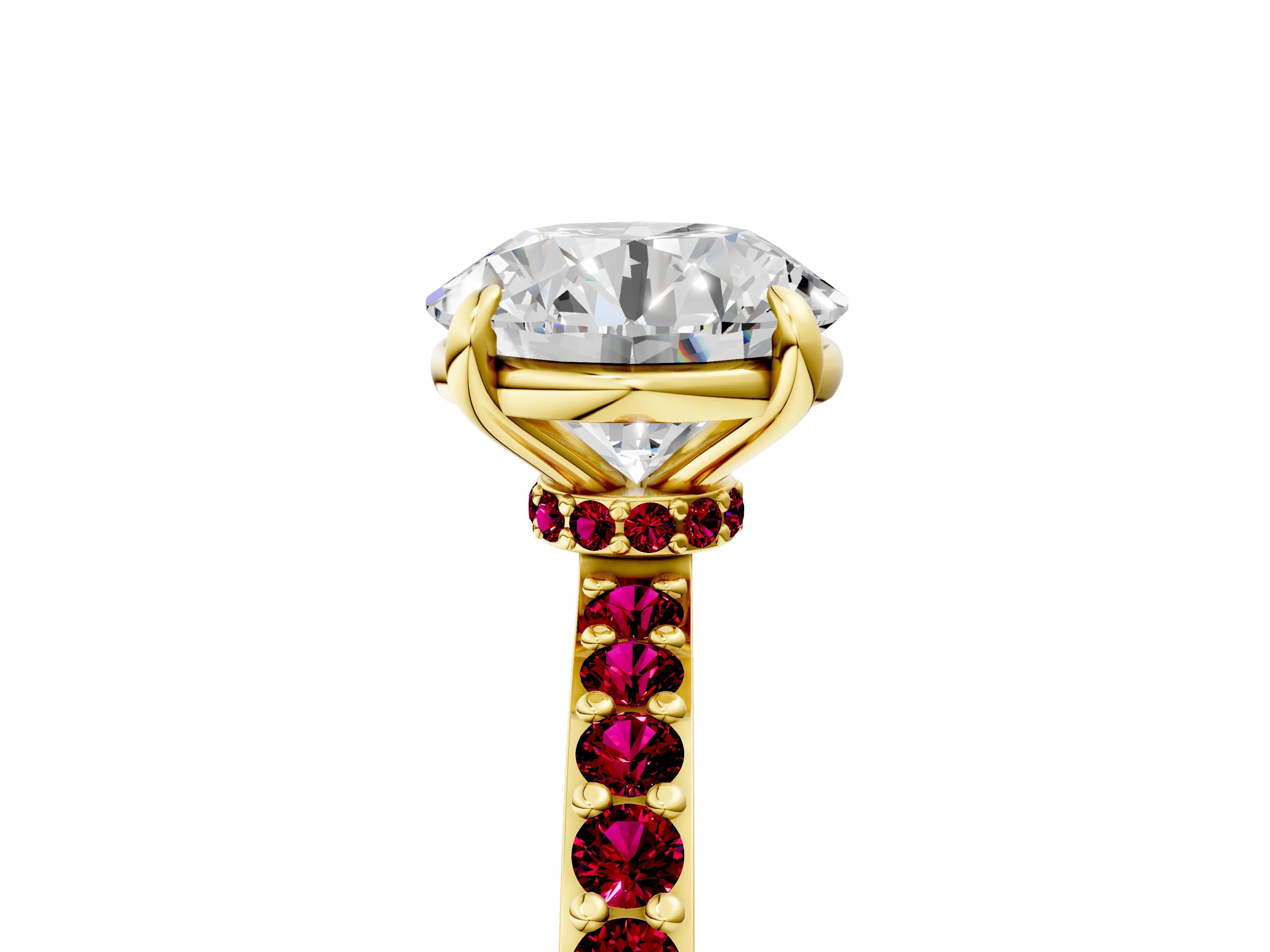 Yellow gold Round Cut Diamond Pavé Engagement Ring with Round with Garnet side stone Accents and Prong Setting_5