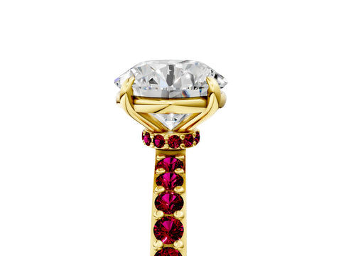 Yellow gold Round Cut Diamond Pavé Engagement Ring with Round with Garnet side stone Accents and Prong Setting_5