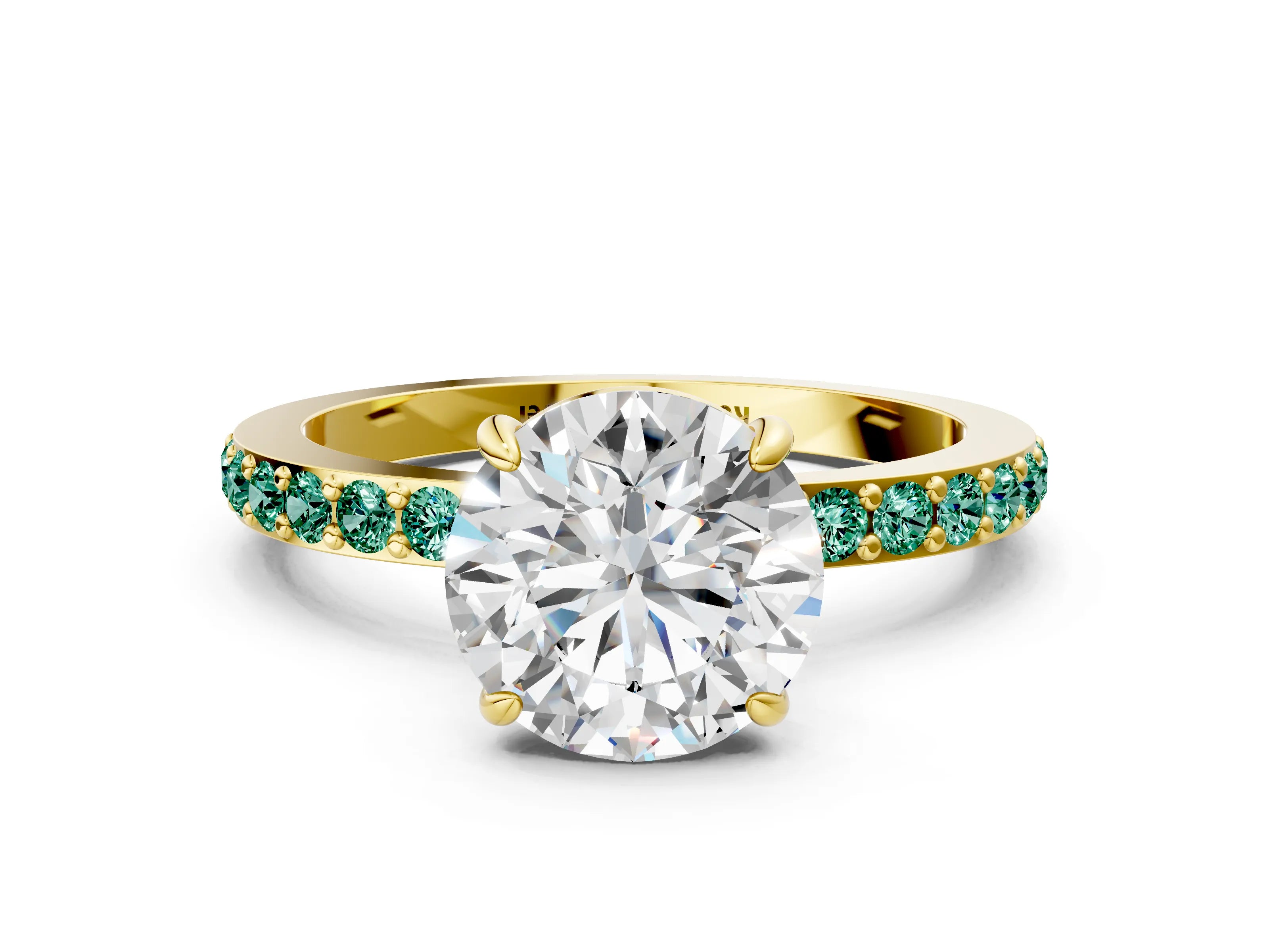 Yellow gold Round Cut Diamond Pavé Engagement Ring with Round with Green Sapphire side stone Accents and Prong Setting