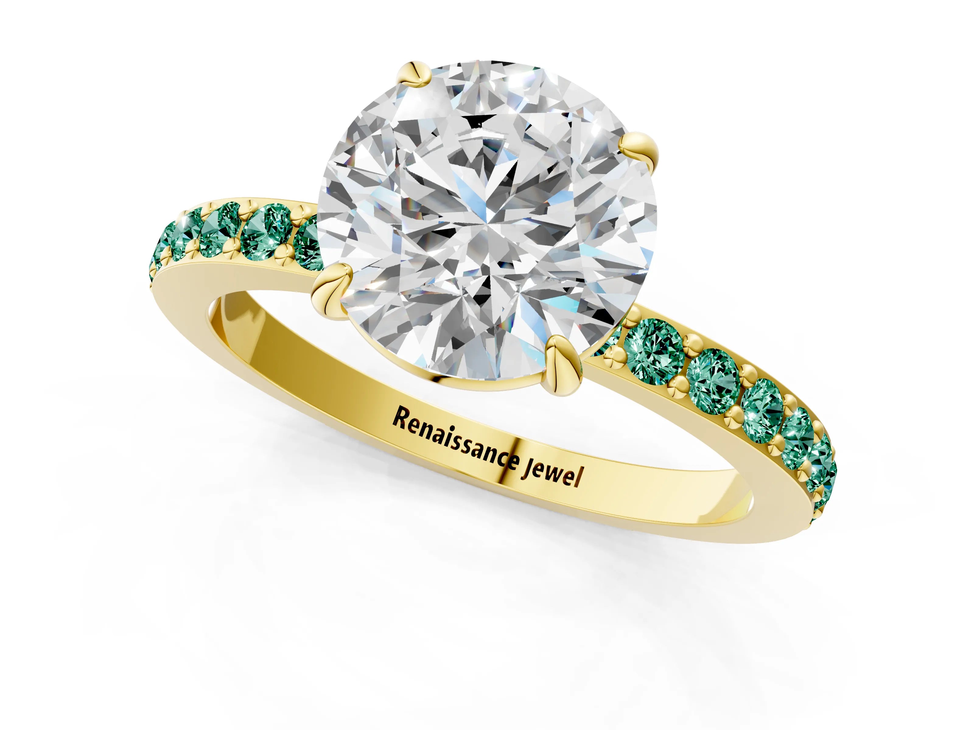 Yellow gold Round Cut Diamond Pavé Engagement Ring with Round with Green Sapphire side stone Accents and Prong Setting_1