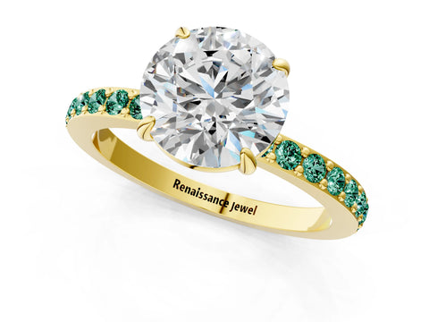 Yellow gold Round Cut Diamond Pavé Engagement Ring with Round with Green Sapphire side stone Accents and Prong Setting_1