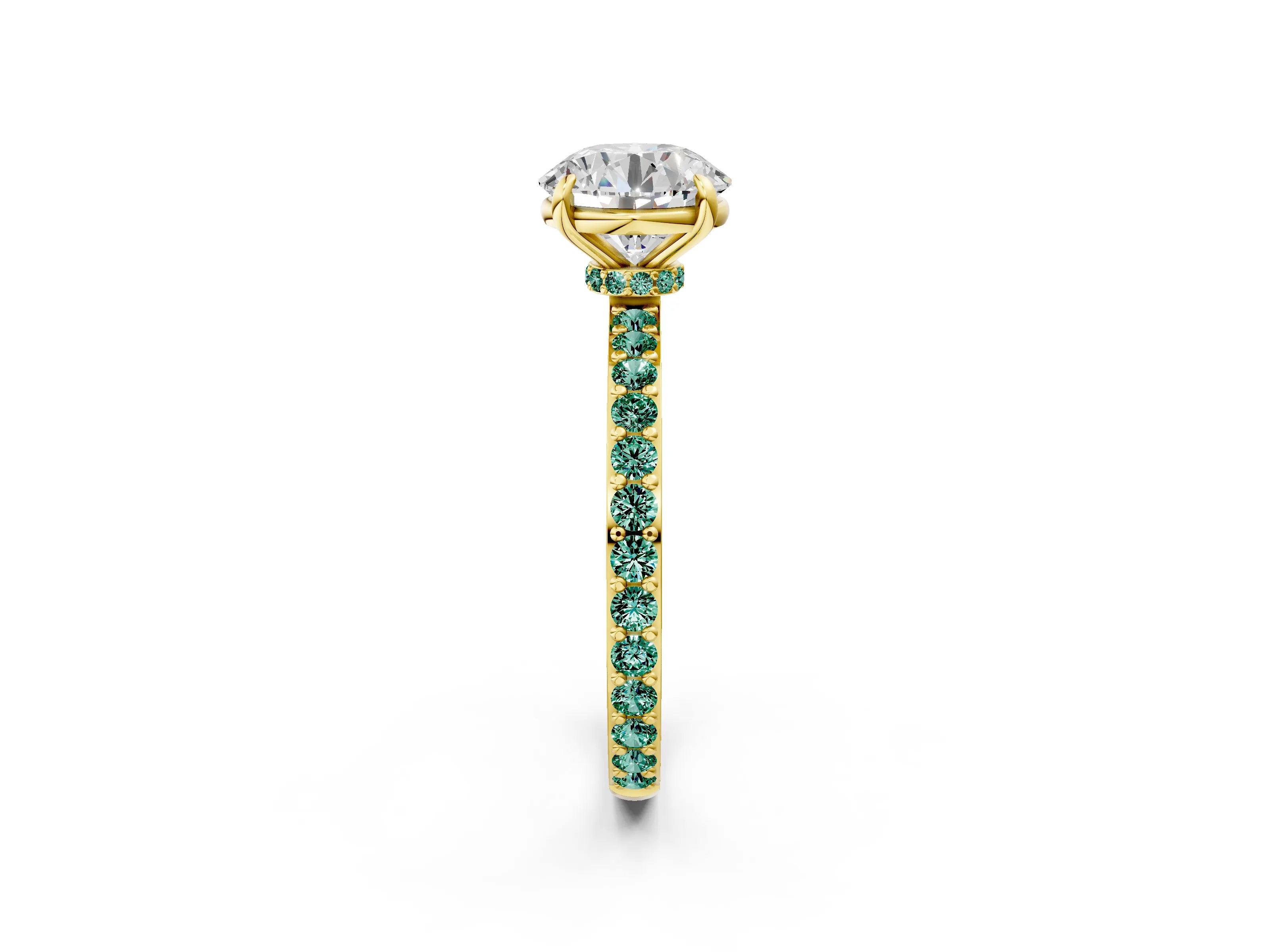 Yellow gold Round Cut Diamond Pavé Engagement Ring with Round with Green Sapphire side stone Accents and Prong Setting_2