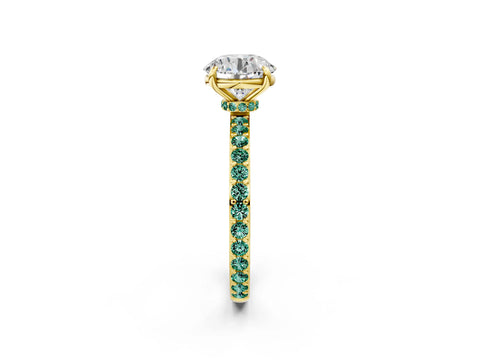 Yellow gold Round Cut Diamond Pavé Engagement Ring with Round with Green Sapphire side stone Accents and Prong Setting_2