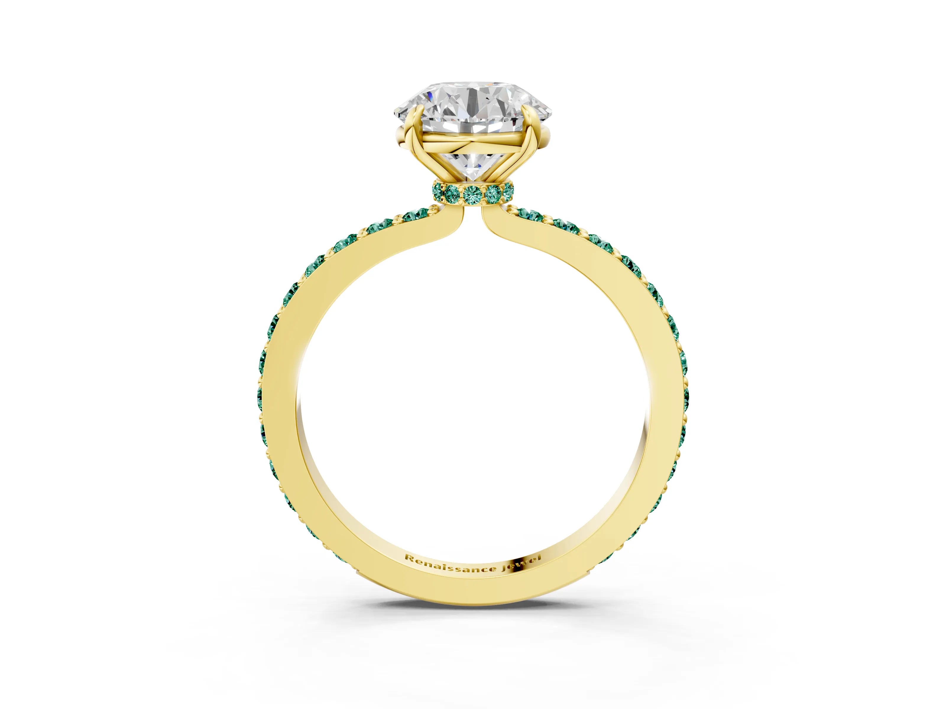 Yellow gold Round Cut Diamond Pavé Engagement Ring with Round with Green Sapphire side stone Accents and Prong Setting_3