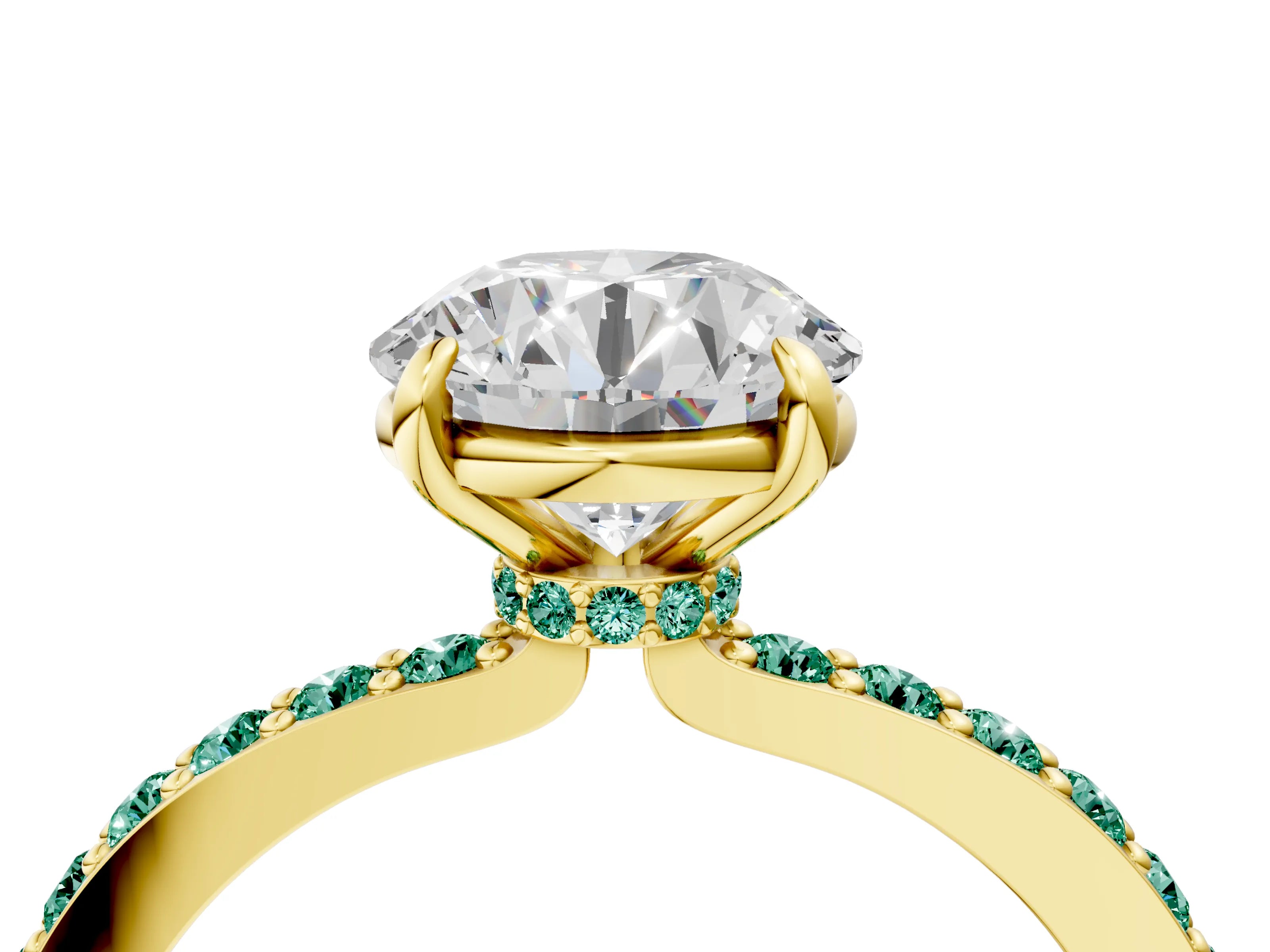 Yellow gold Round Cut Diamond Pavé Engagement Ring with Round with Green Sapphire side stone Accents and Prong Setting_4