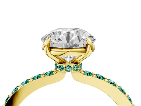 Yellow gold Round Cut Diamond Pavé Engagement Ring with Round with Green Sapphire side stone Accents and Prong Setting_4