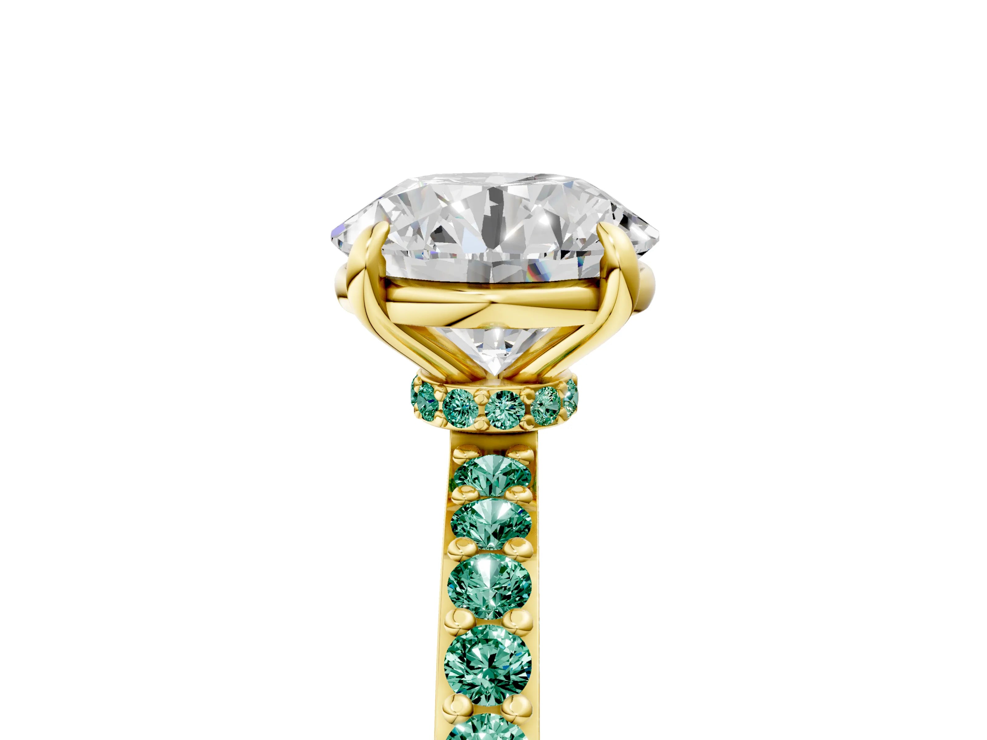 Yellow gold Round Cut Diamond Pavé Engagement Ring with Round with Green Sapphire side stone Accents and Prong Setting_5
