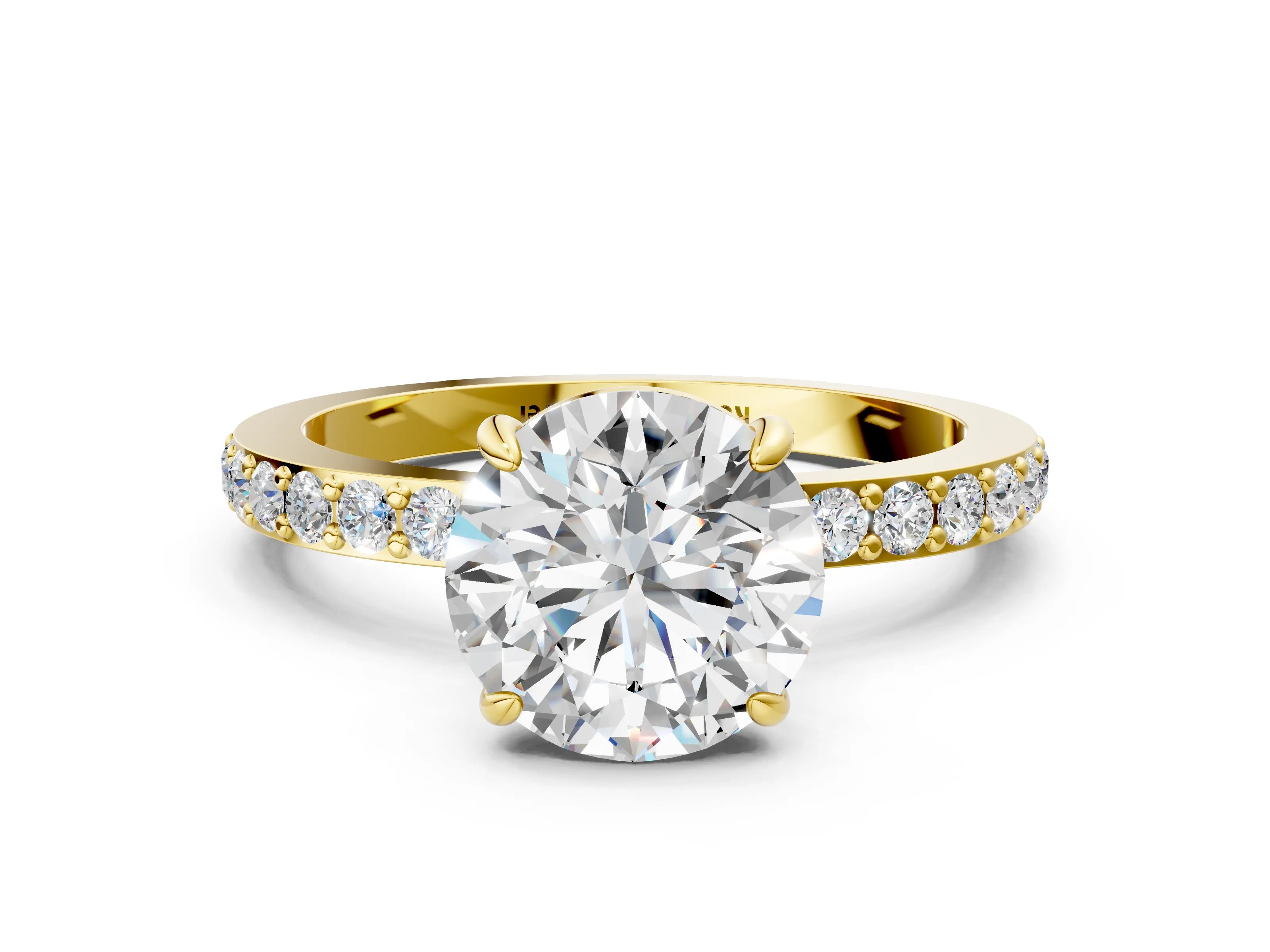 Yellow gold Round Cut Diamond Pavé Engagement Ring with Round with Moissanite side stone Accents and Prong Setting