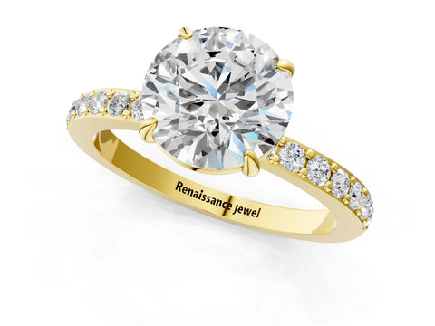 Yellow gold Round Cut Diamond Pavé Engagement Ring with Round with Moissanite side stone Accents and Prong Setting_1