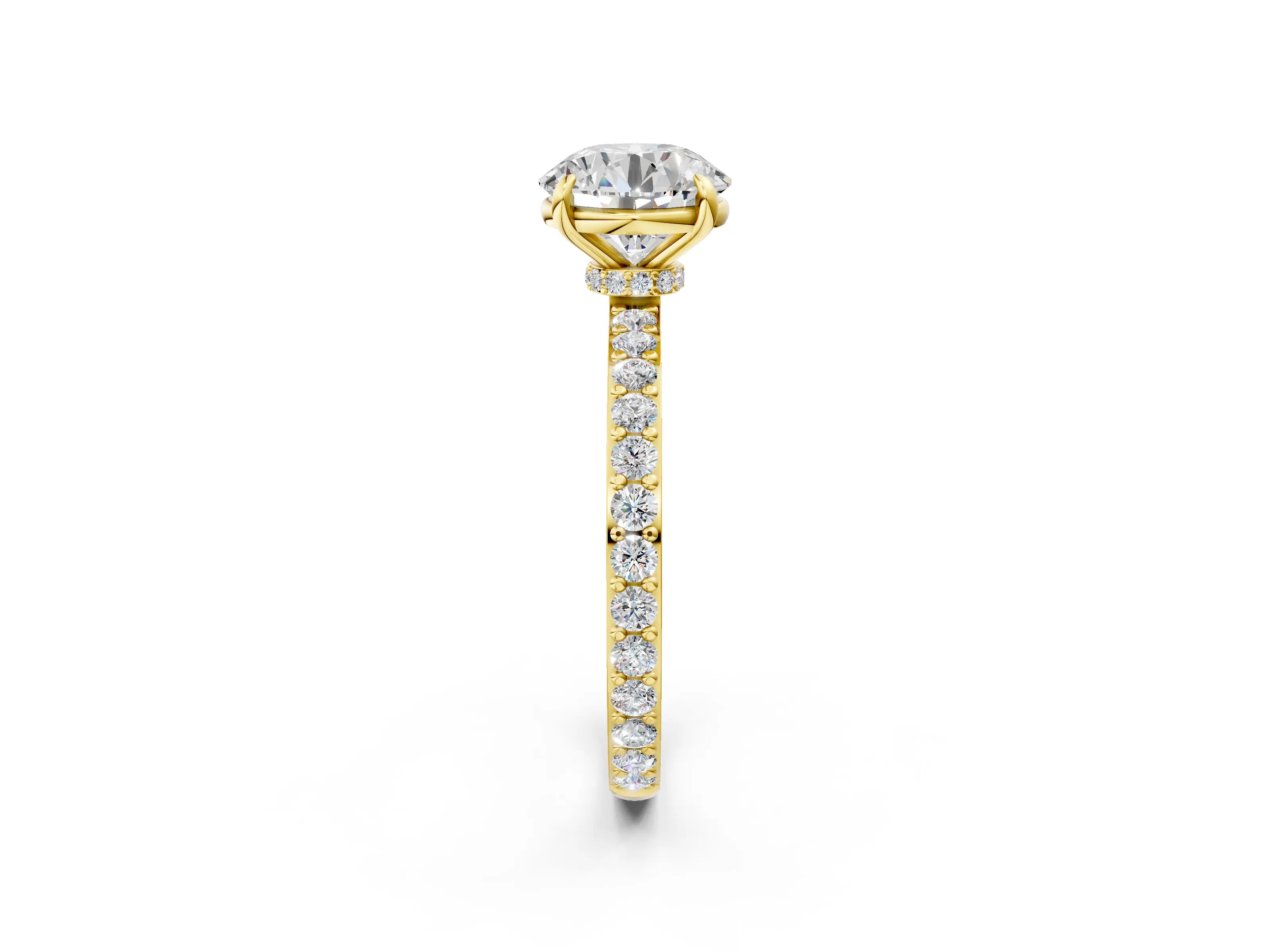 Yellow gold Round Cut Diamond Pavé Engagement Ring with Round with Moissanite side stone Accents and Prong Setting_2