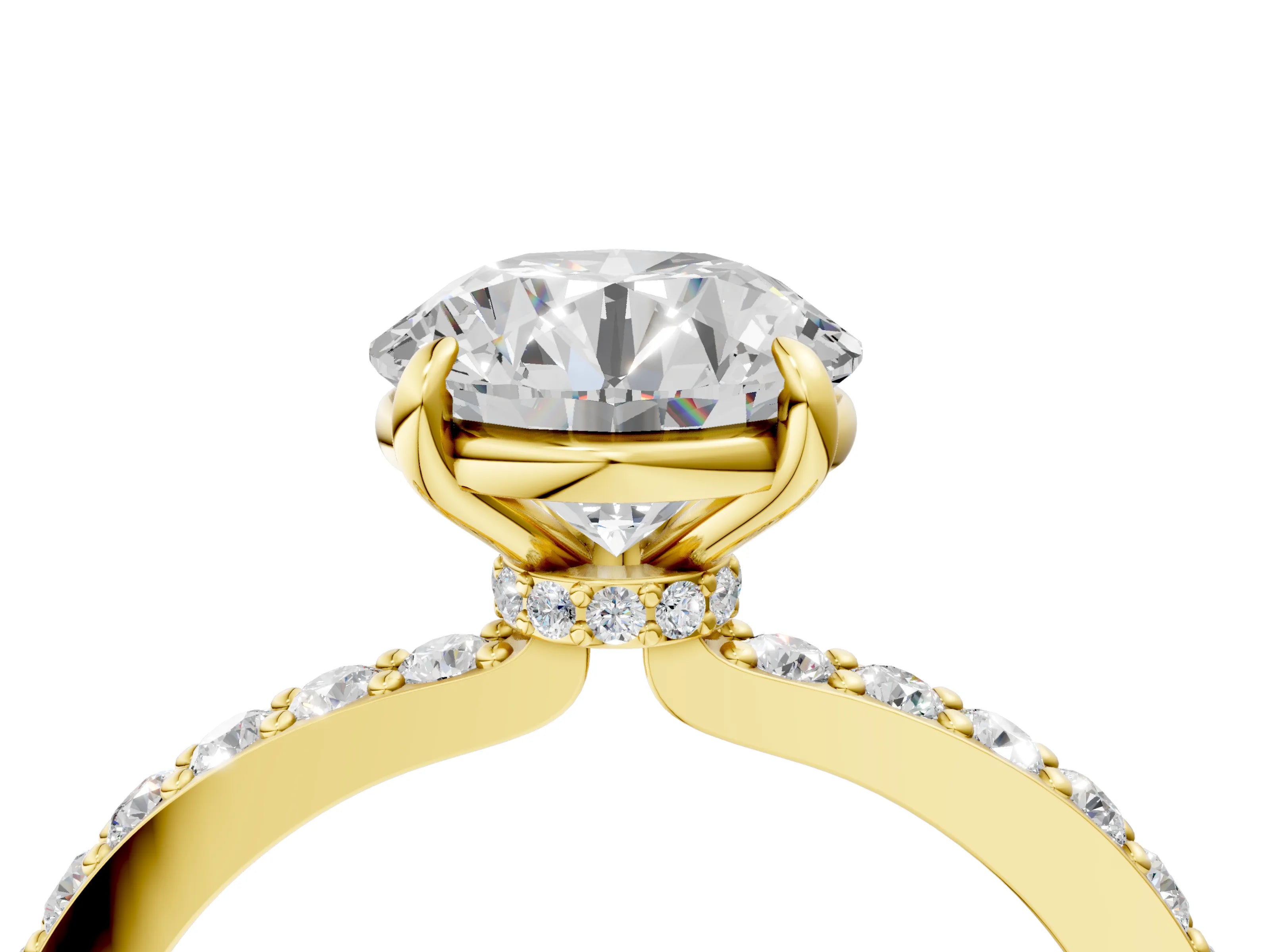 Yellow gold Round Cut Diamond Pavé Engagement Ring with Round with Moissanite side stone Accents and Prong Setting_4