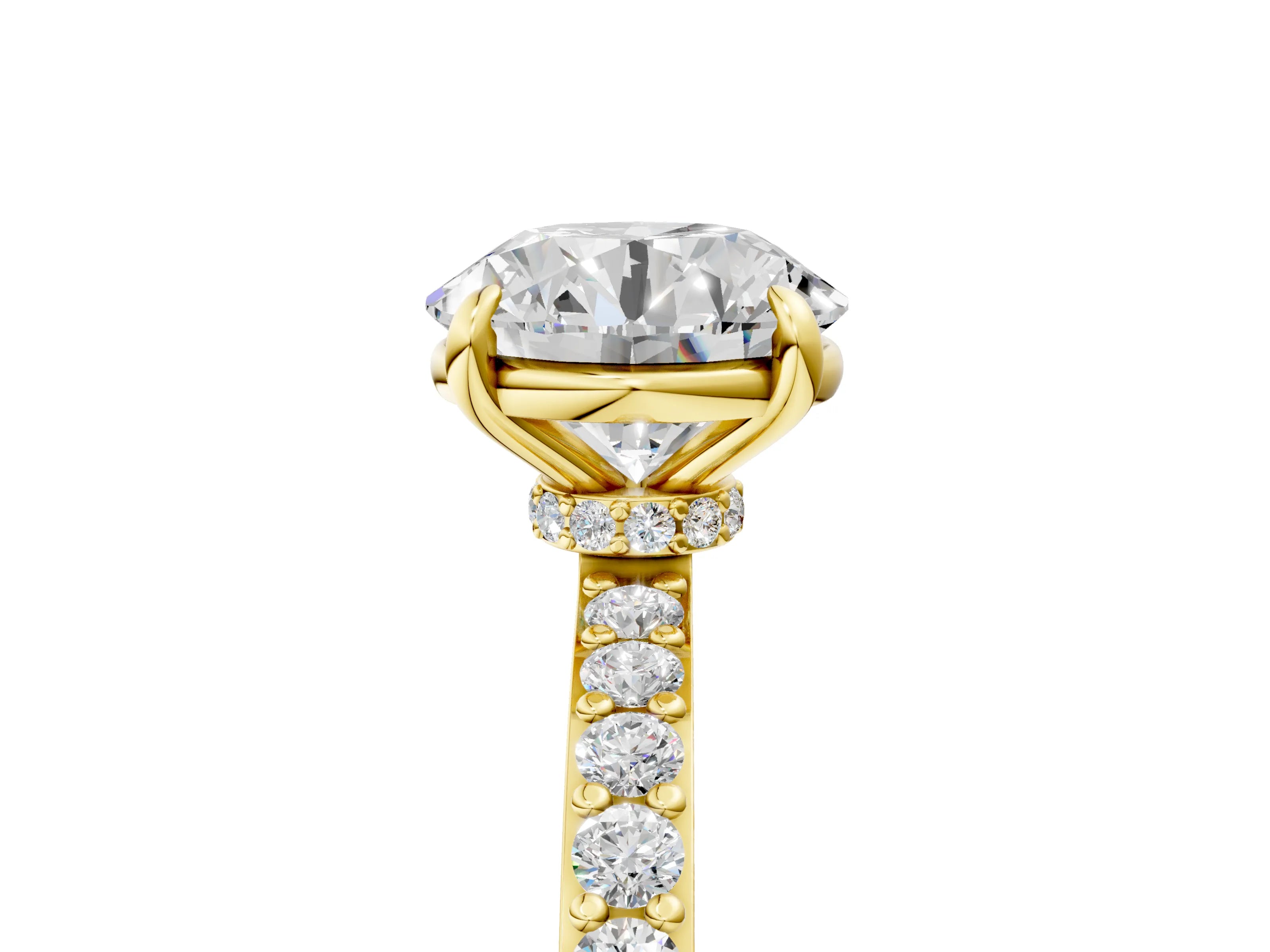 Yellow gold Round Cut Diamond Pavé Engagement Ring with Round with Moissanite side stone Accents and Prong Setting_5