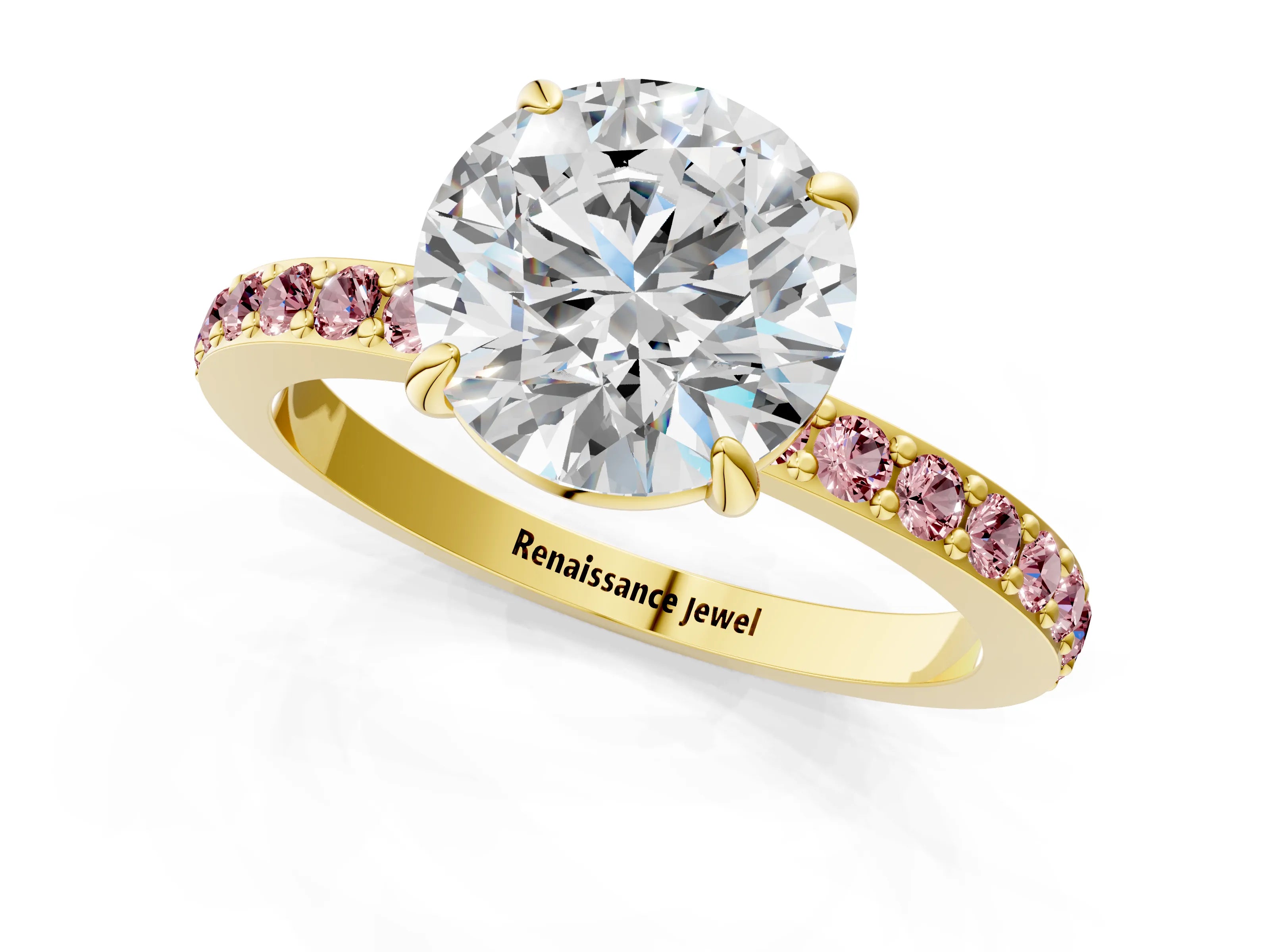 Yellow gold Round Cut Diamond Pavé Engagement Ring with Round with Morganite side stone Accents and Prong Setting_1