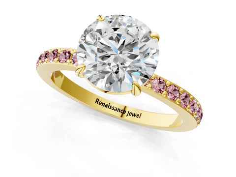 Yellow gold Round Cut Diamond Pavé Engagement Ring with Round with Morganite side stone Accents and Prong Setting_1