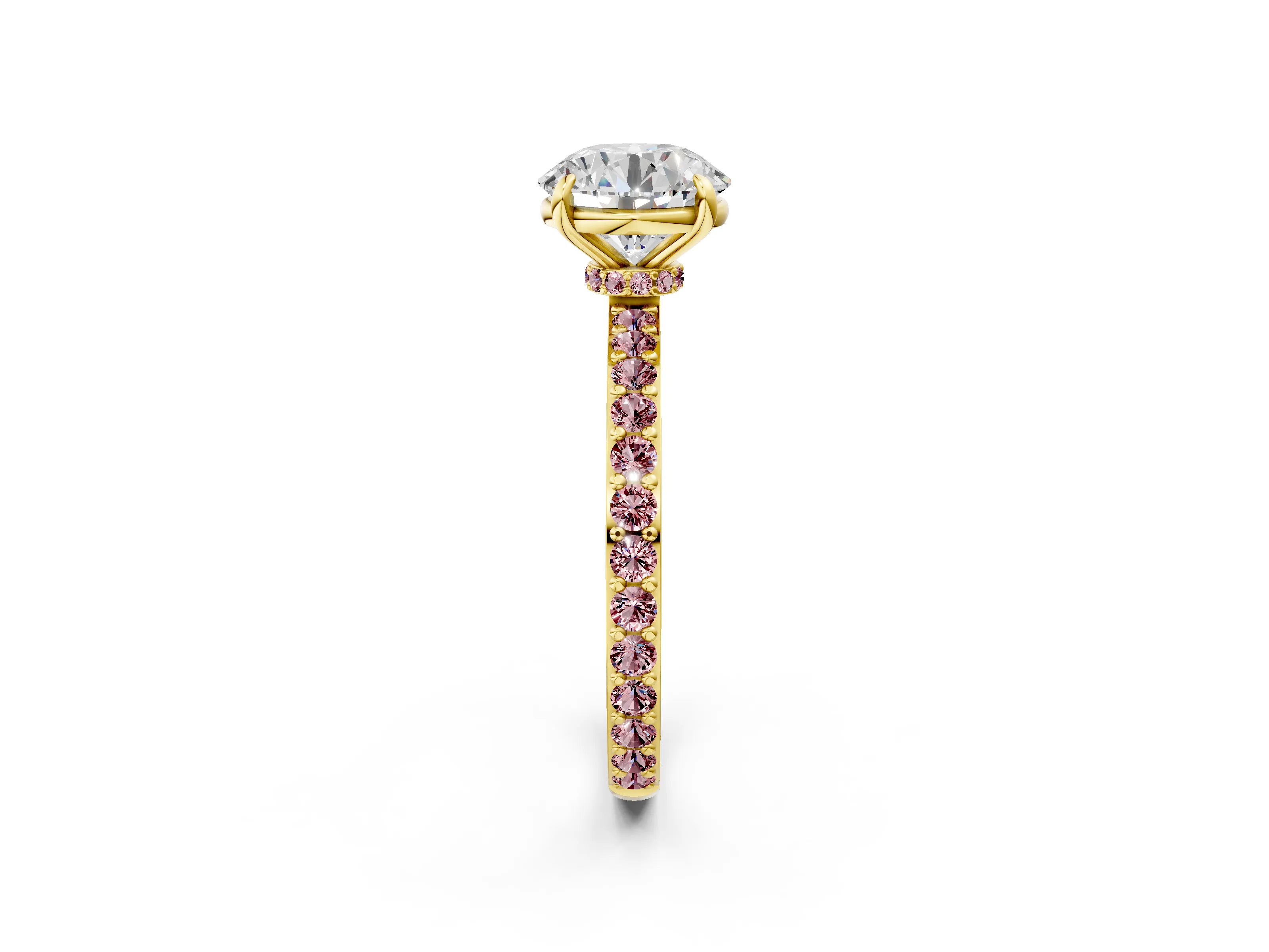 Yellow gold Round Cut Diamond Pavé Engagement Ring with Round with Morganite side stone Accents and Prong Setting_2