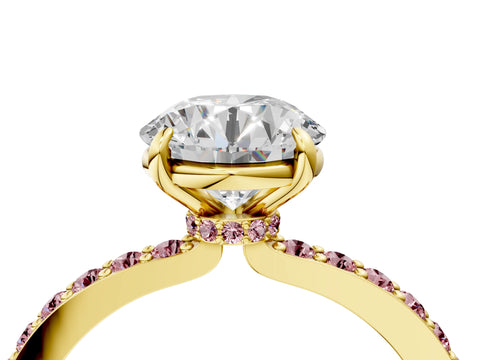 Yellow gold Round Cut Diamond Pavé Engagement Ring with Round with Morganite side stone Accents and Prong Setting_4