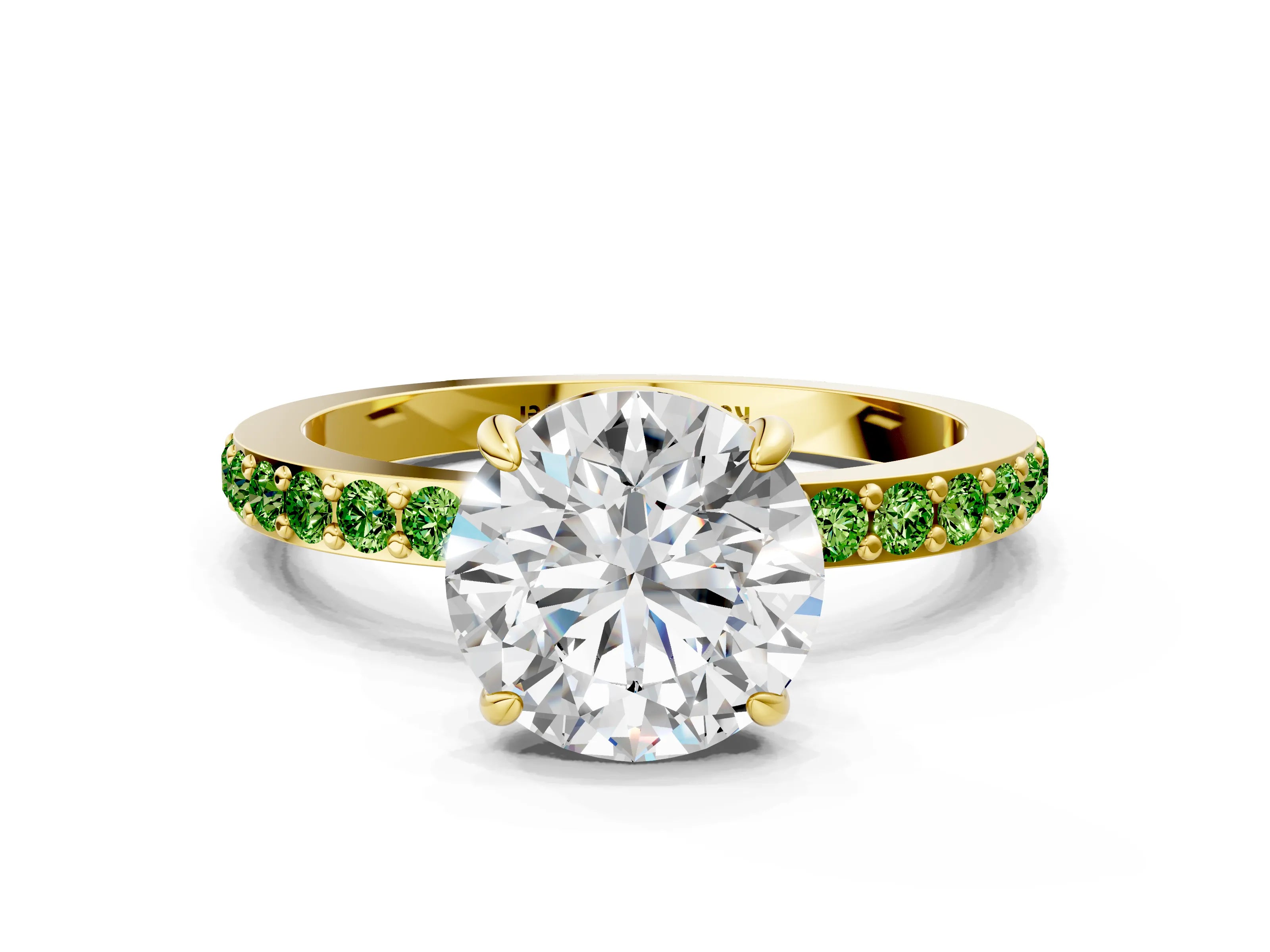 Yellow gold Round Cut Diamond Pavé Engagement Ring with Round with Peridot side stone Accents and Prong Setting